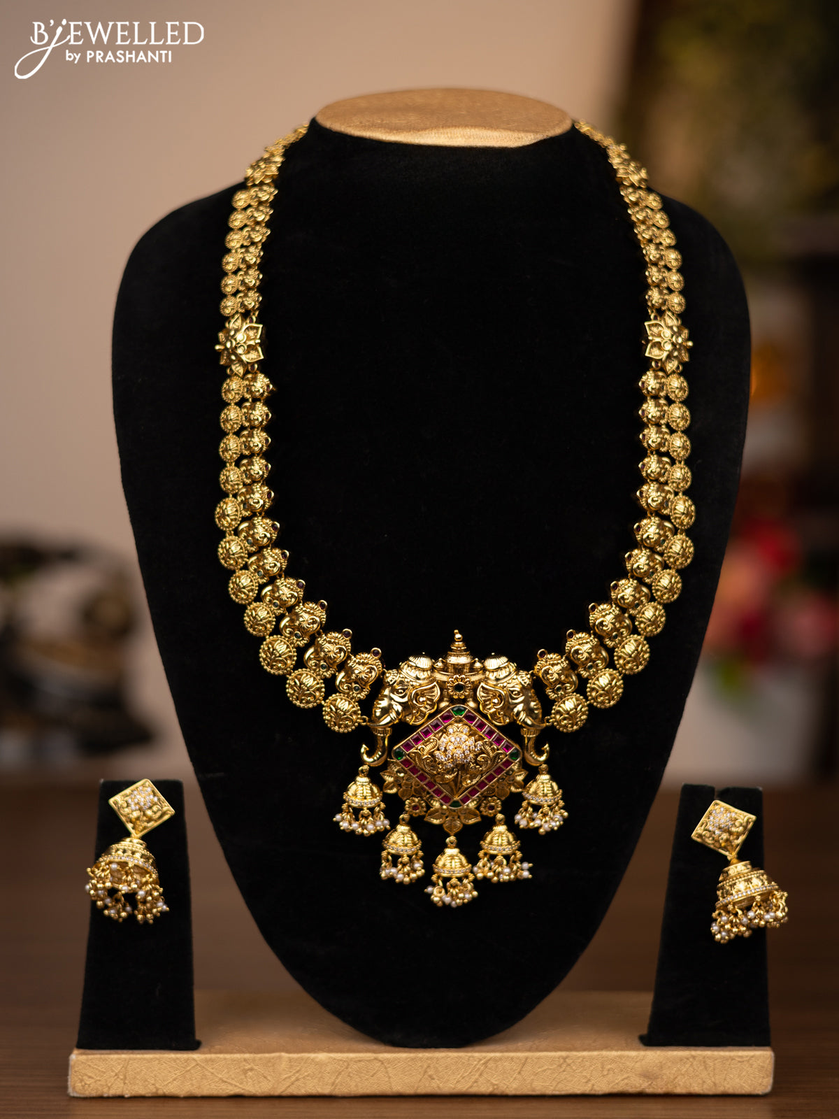 Antique haaram elephant design with jadau stones and pearl hangings