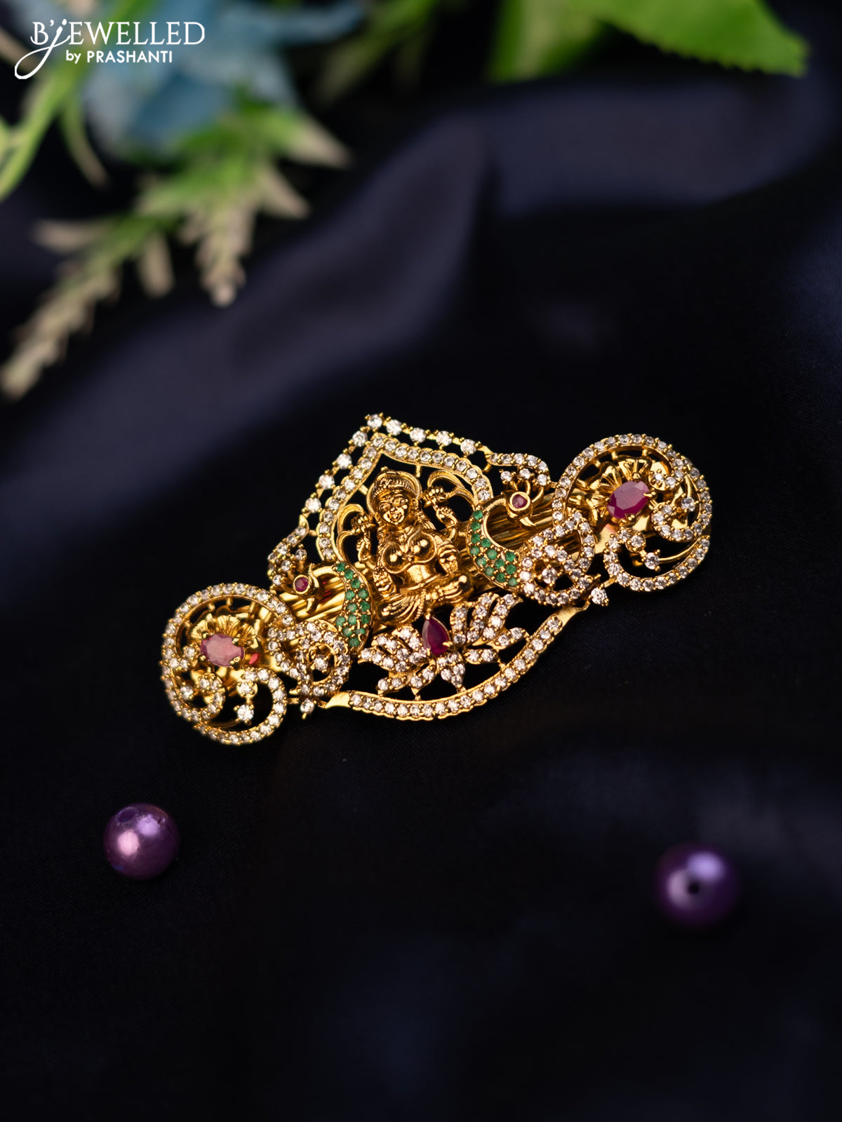 Antique hair clip medium size lakshmi design with kemp and cz stones