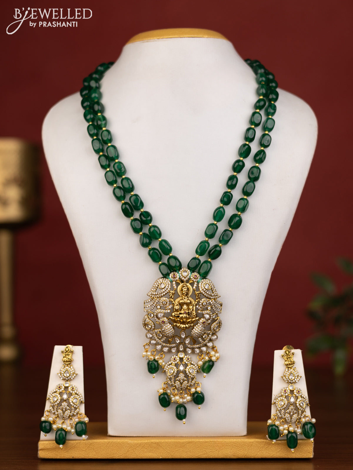 Beaded double layer emerald necklace lakshmi pendant with ruby & cz stones and pearl hanging in victorian finish