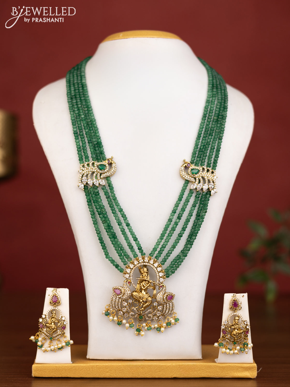 Beaded multilayer emerald necklace krishna pendant with ruby & cz stones and pearl hanging in victorian finish