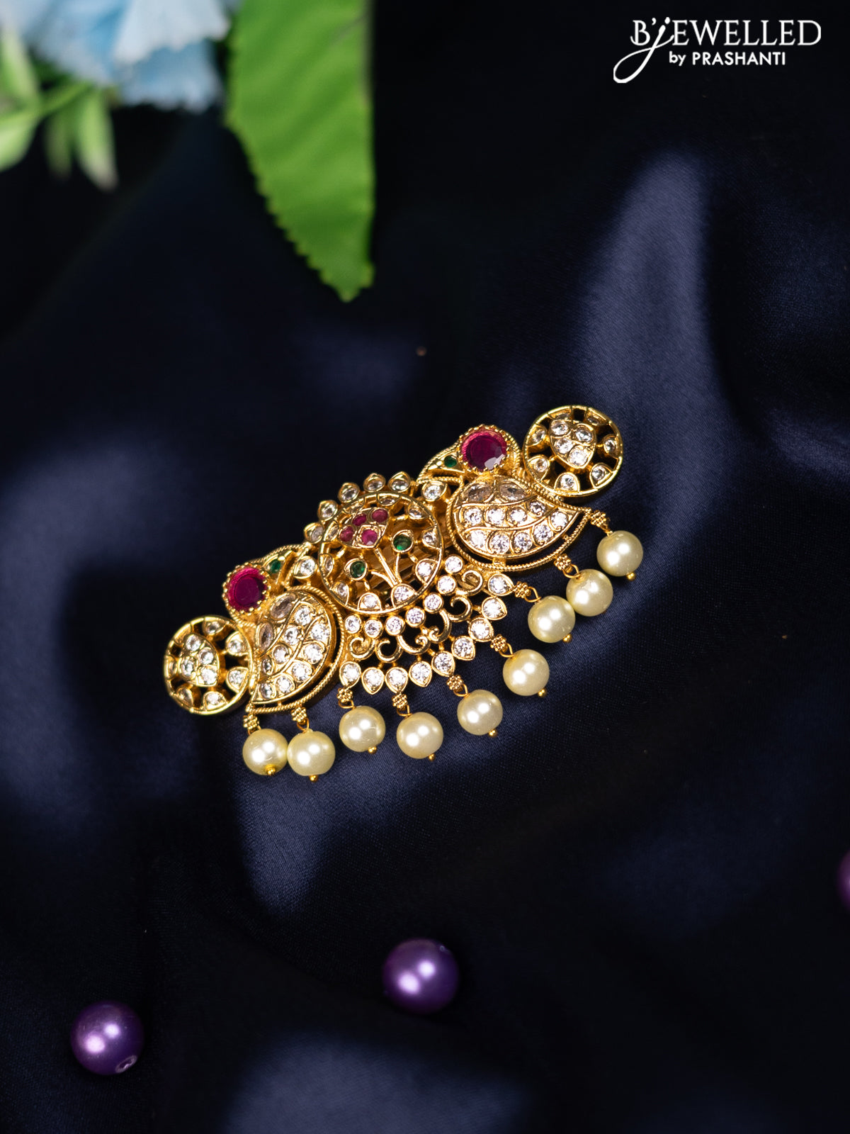 Antique hair clip medium size with kemp & cz stones and pearl hangings