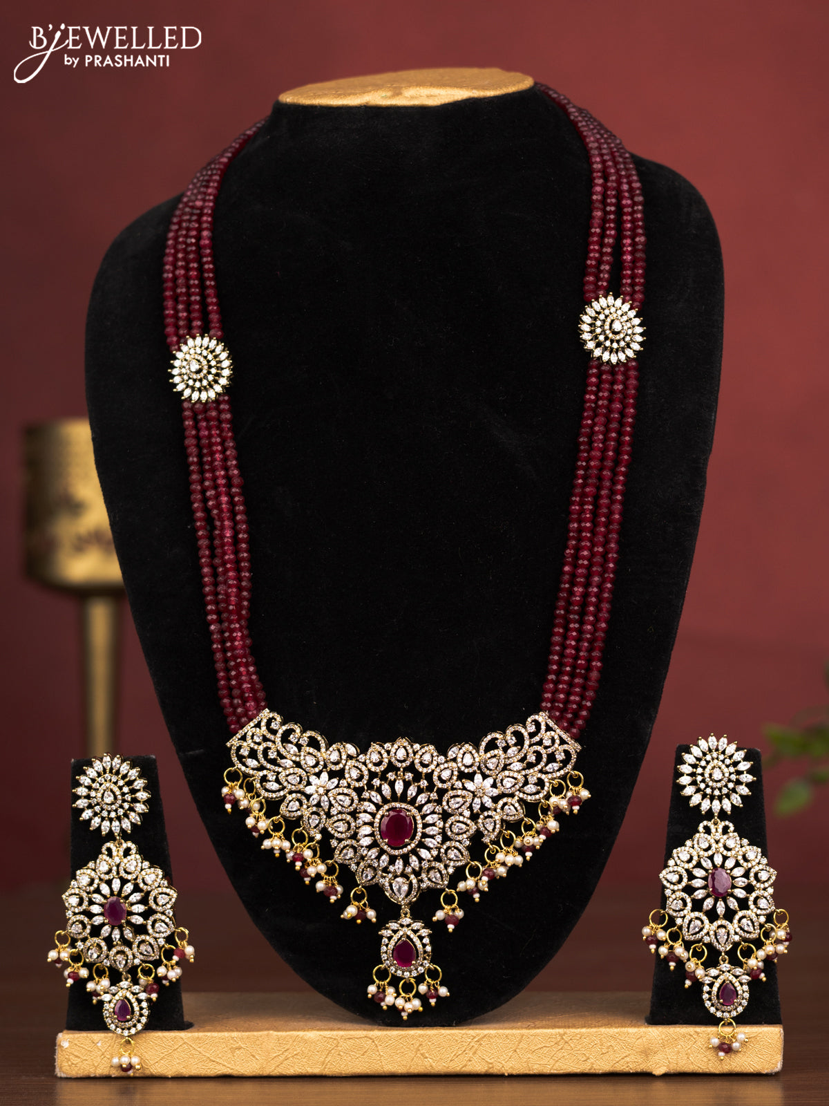 Beaded multilayer maroon haaram with ruby & cz stones and pearl & beads hanging in victorian finish
