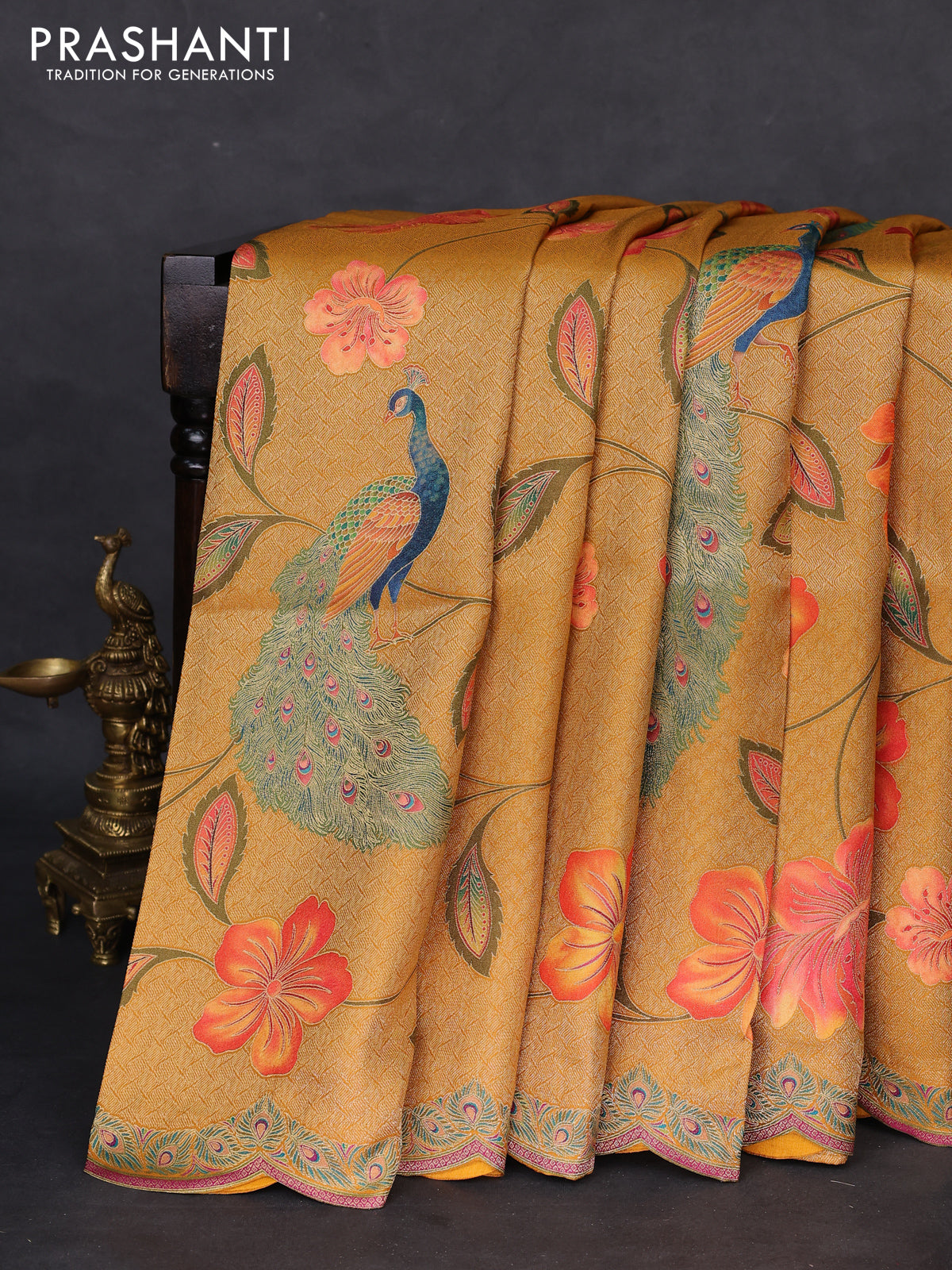Banarasi silk saree mustard yellow with allover floral prints and scallop design border