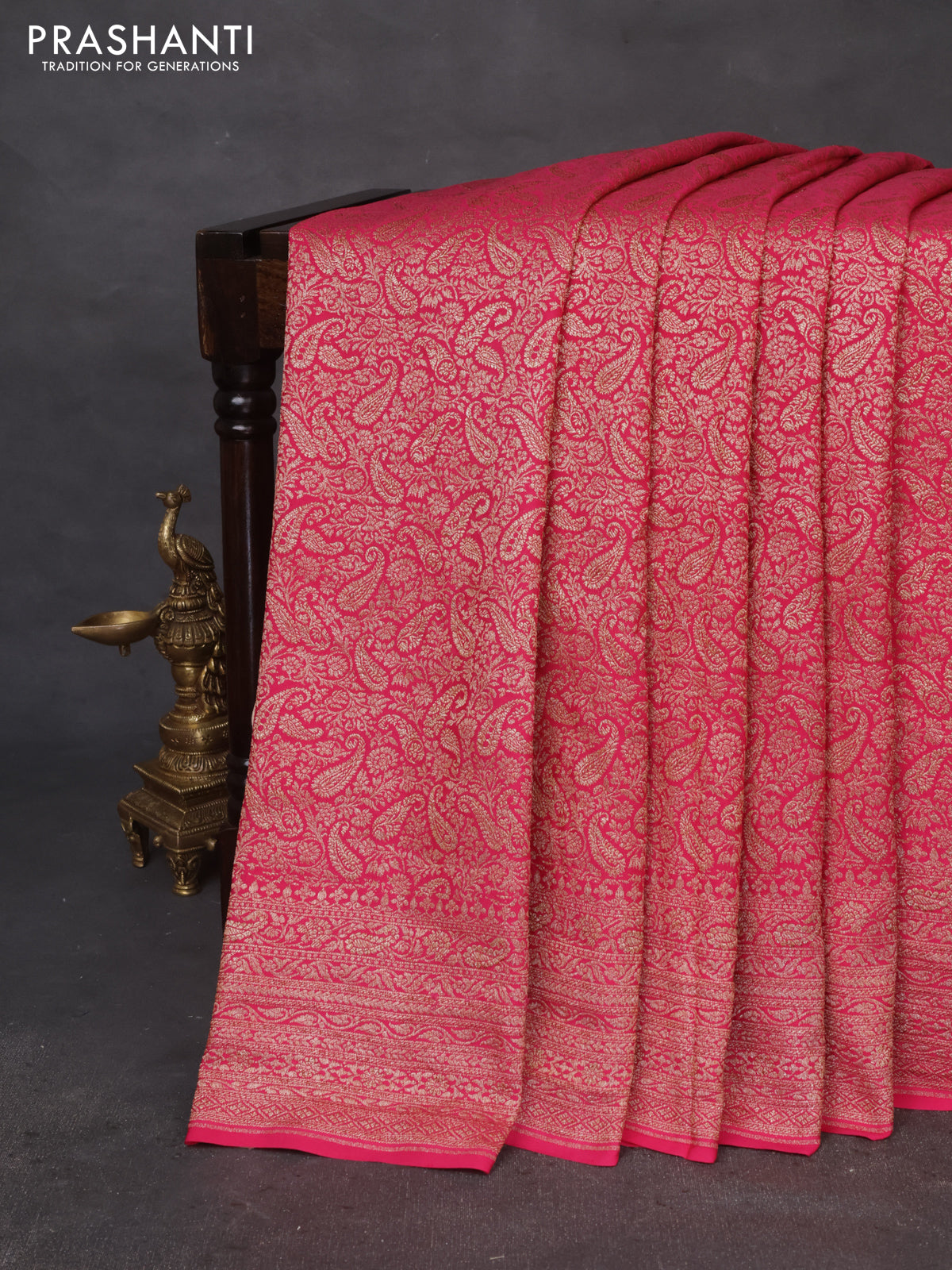 Banarasi crepe saree pink with allover thread & zari woven brocade weaves and woven border