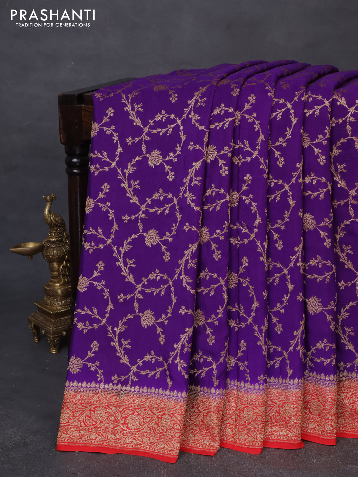 Banarasi crepe saree violet and red with allover thread & zari weaves and woven border