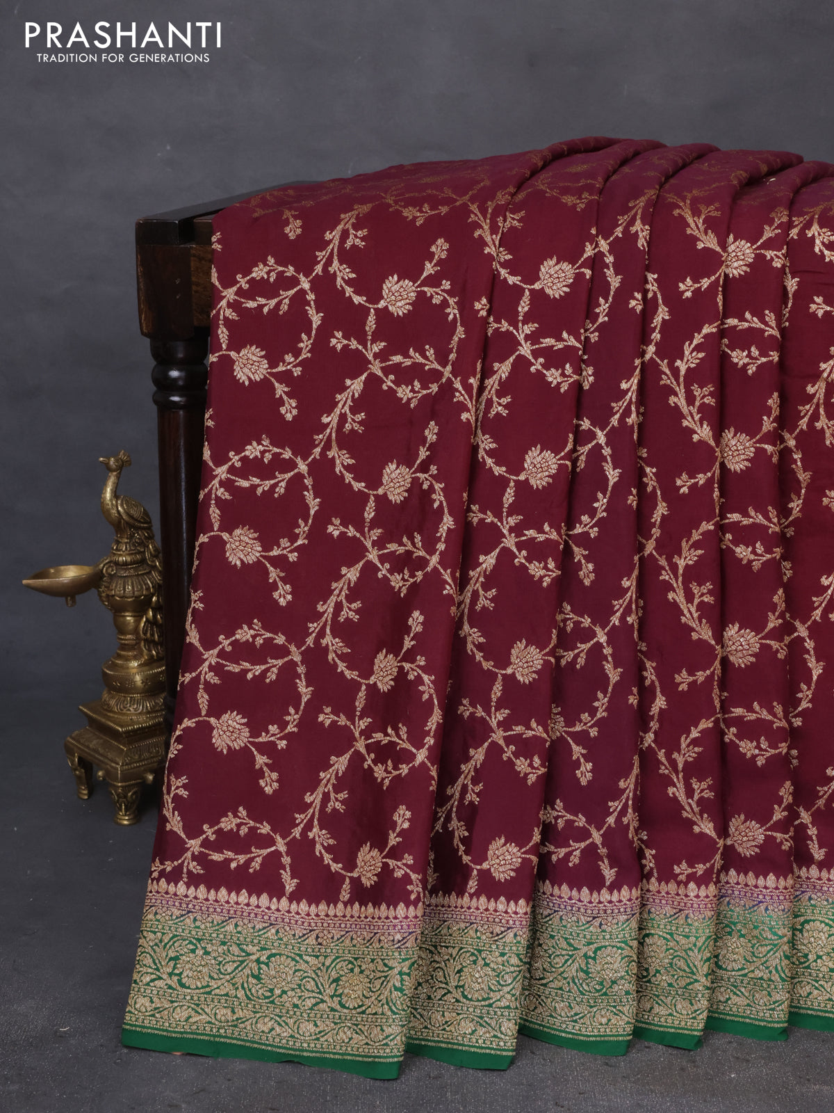 Banarasi crepe saree wine shade and green with allover thread & zari weaves and woven border