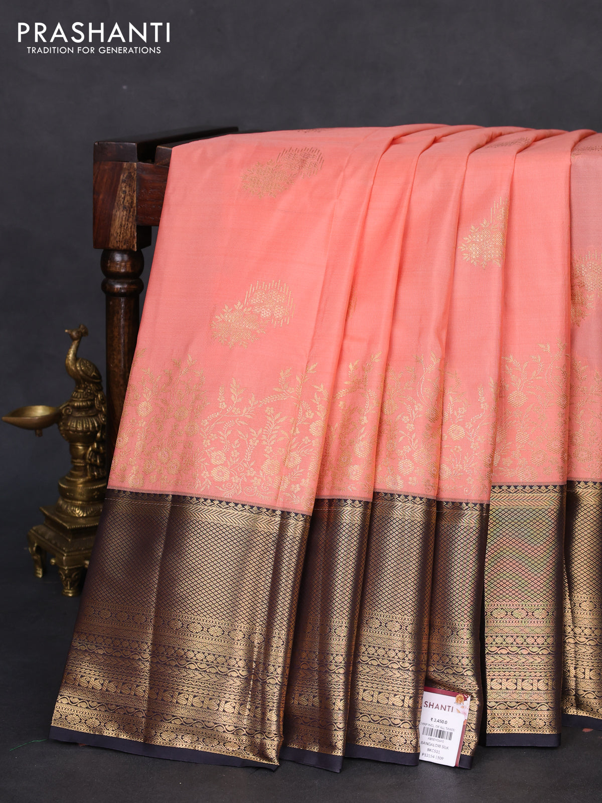 Bangalori silk saree peach orange and navy blue with zari woven buttas and long zari woven border