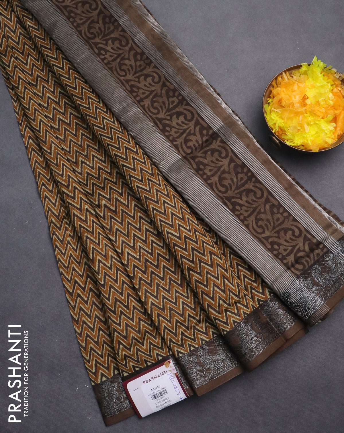 Chanderi silk cotton saree dark mustard and brown with allover zig zag prints and banarasi style border