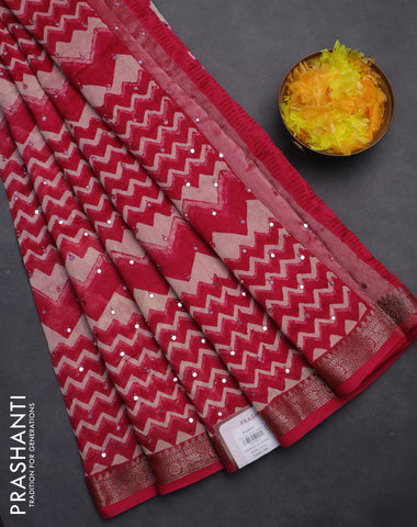 Chanderi silk cotton saree pink and beige with allover zig zag prints & mirror work and woven border