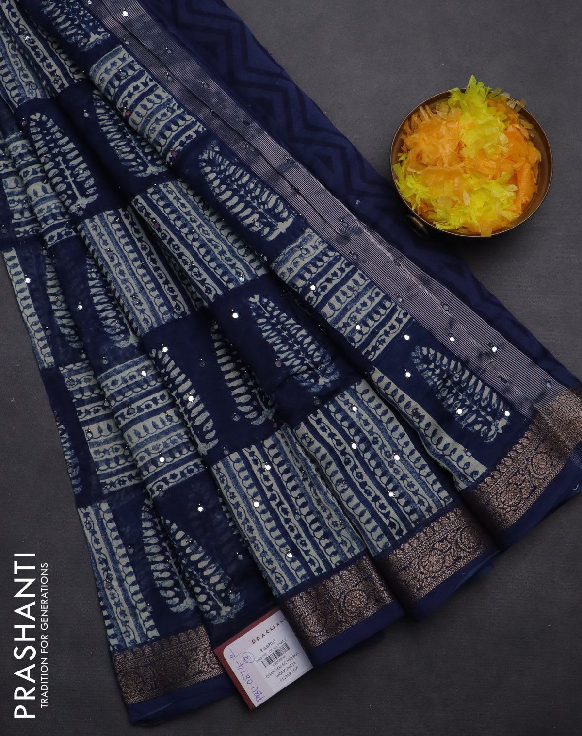 Chanderi silk cotton saree peacock blue with allover prints & mirror work and woven border