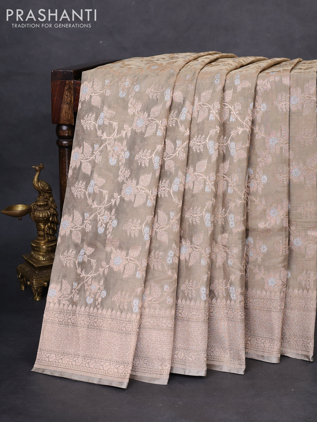 Banarasi tissue silk saree greyish green with allover silver & gold zari weaves and zari woven border