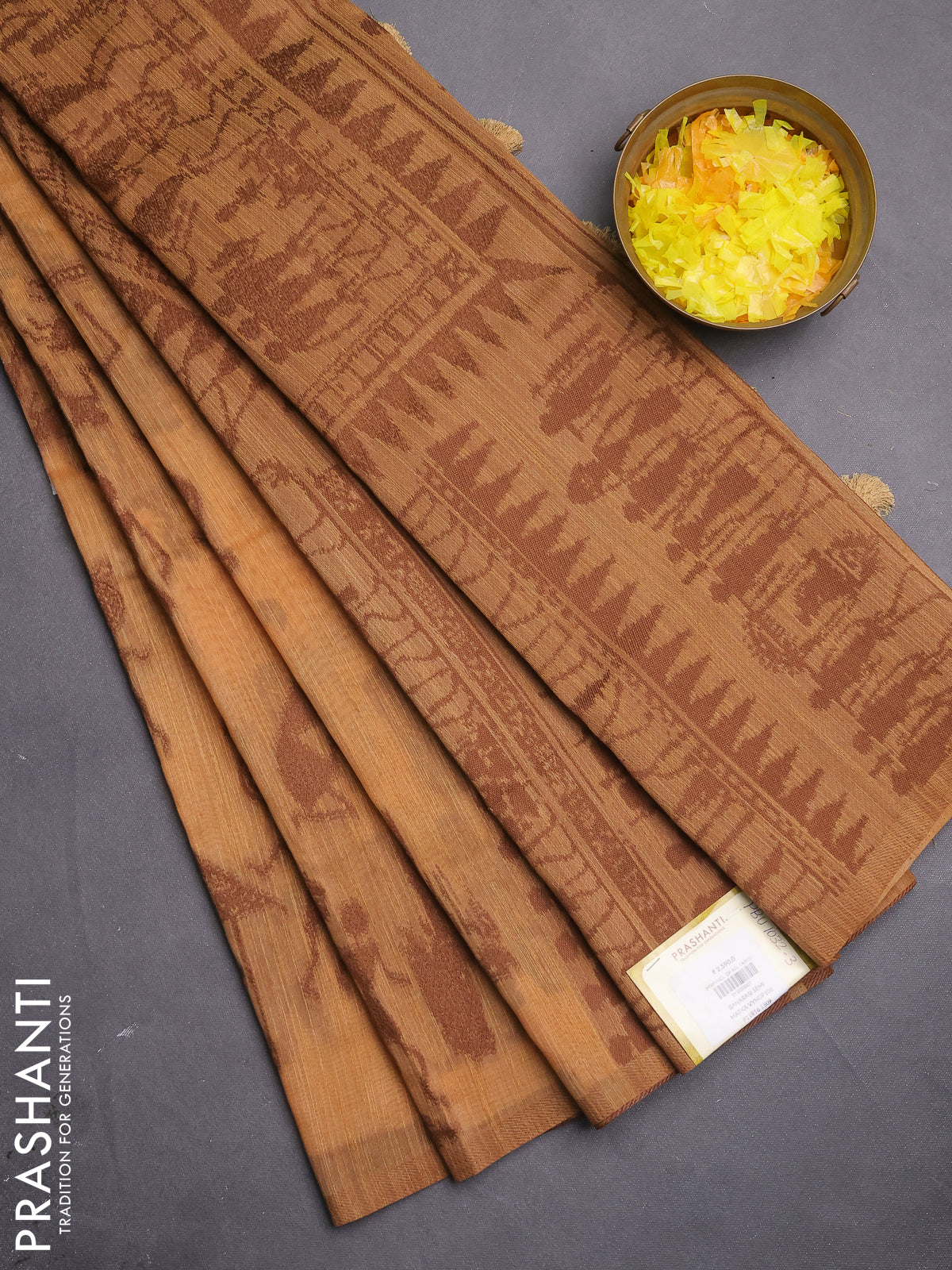 Banarasi semi matka saree dark sandal with allover warli design thread weaves in borderless style