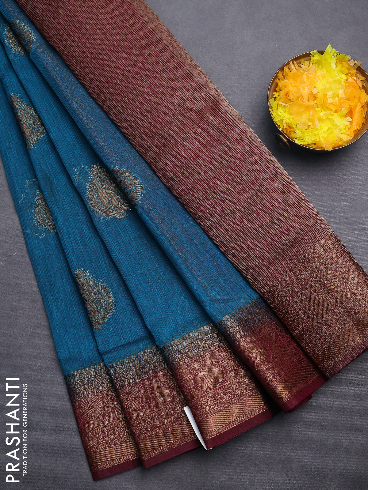 Banarasi semi matka saree teal blue and wine shade with thread & zari woven buttas and banarasi style border