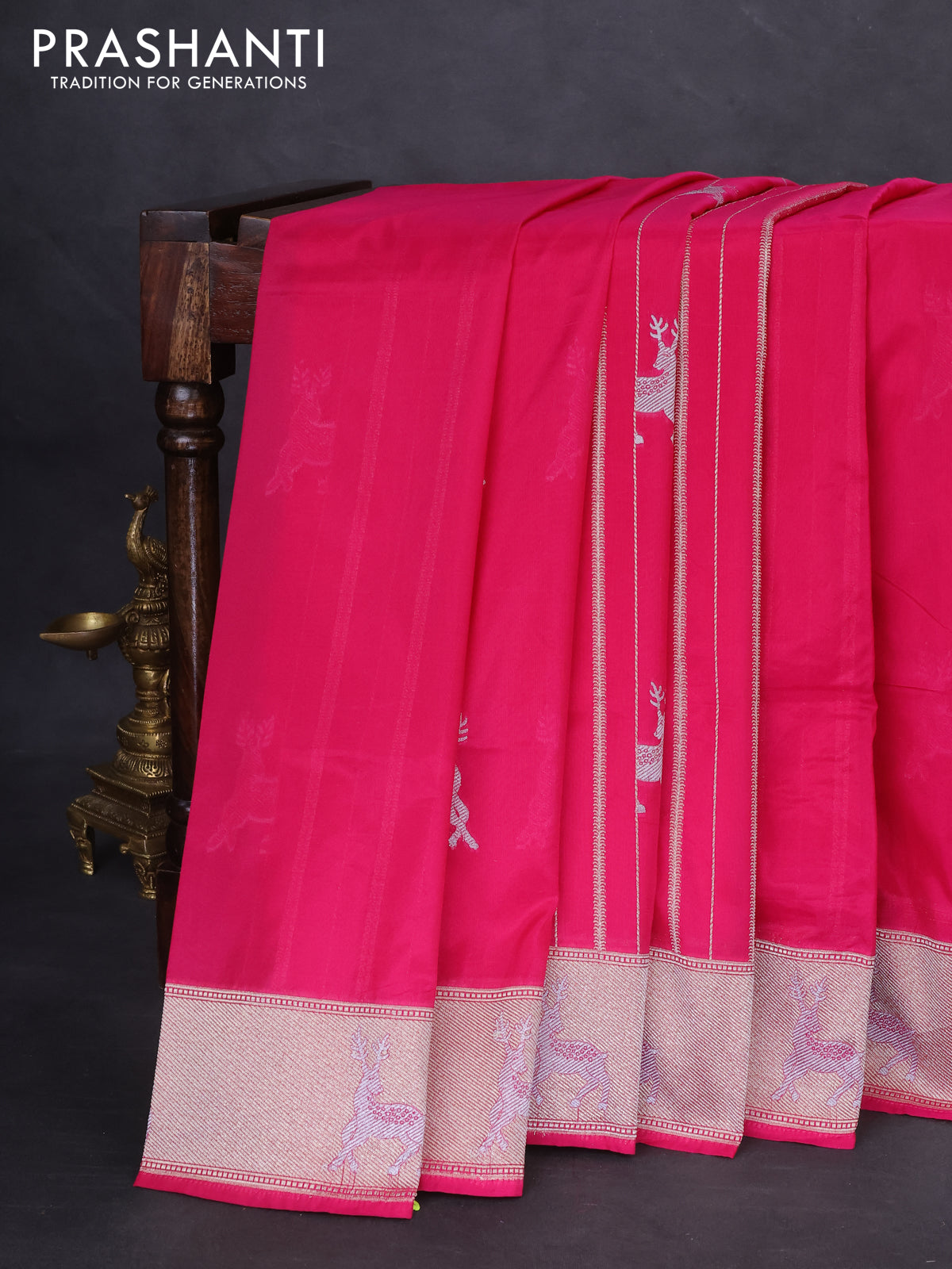 Banarasi semi katan silk saree pink with allover silver & gold zari weaves and deer design zari woven border