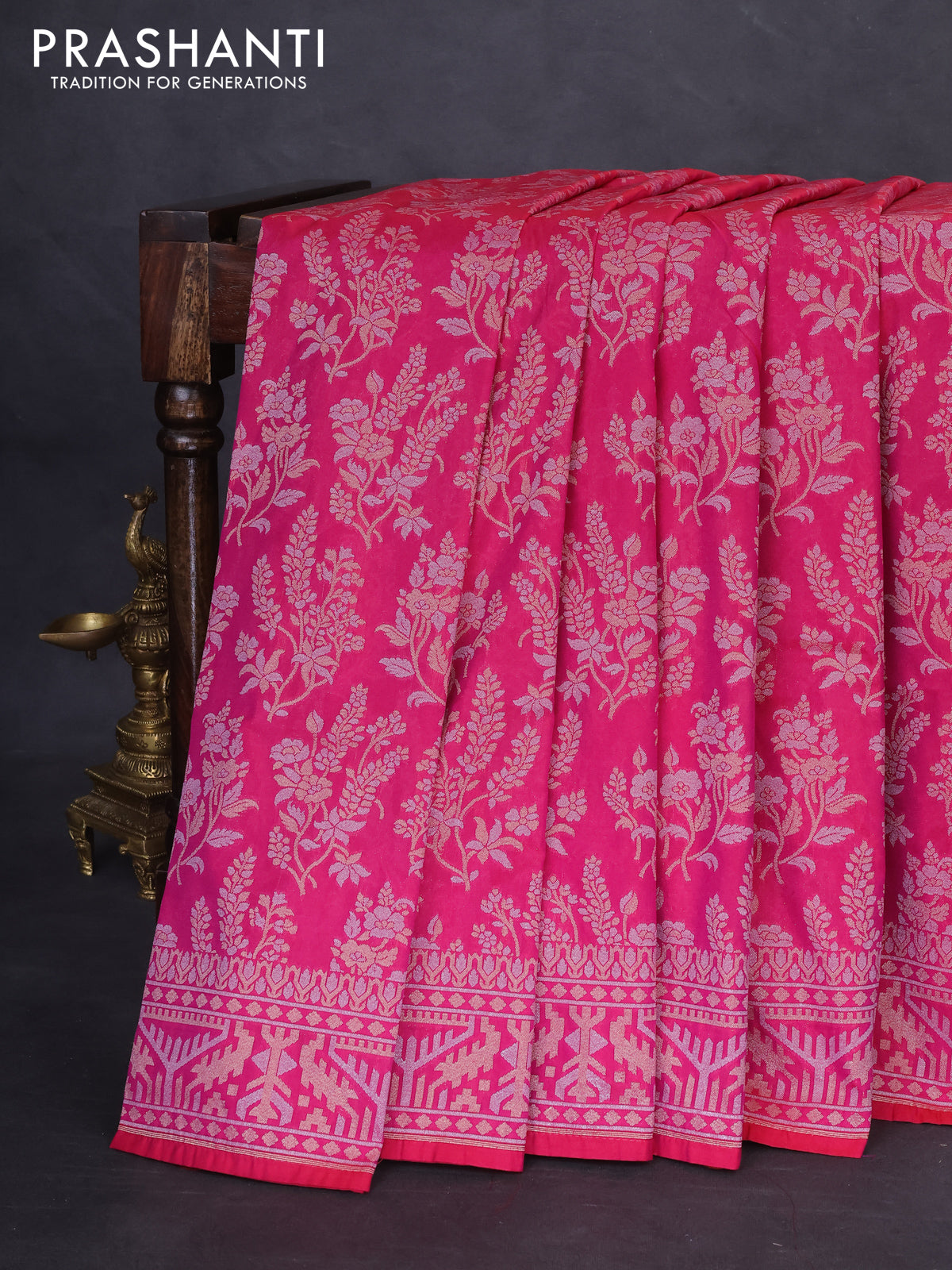 Banarasi semi katan silk saree pink with allover zari weaves and zari woven border