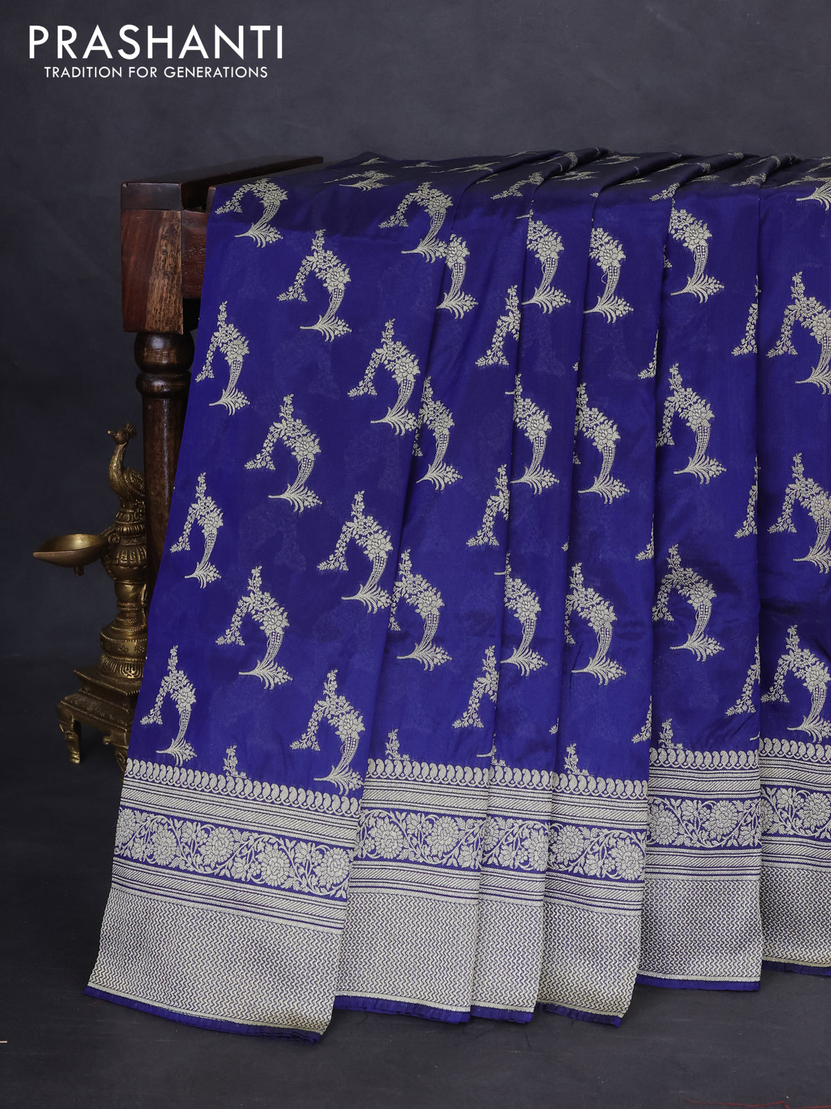 Banarasi semi katan silk saree dark blue with zari woven buttas and zari woven border