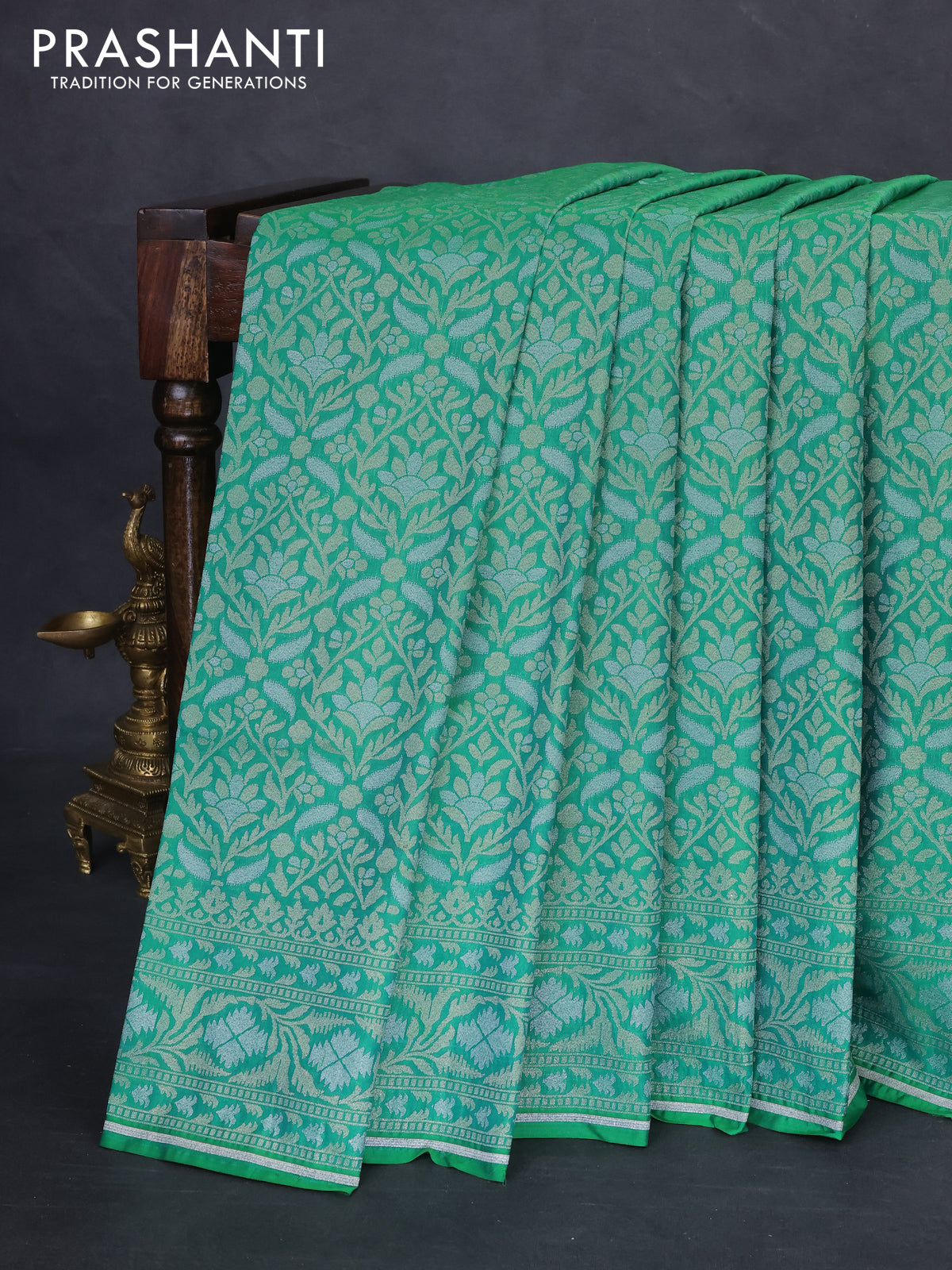 Banarasi semi katan silk saree green with allover zari woven brocade weaves and zari woven border