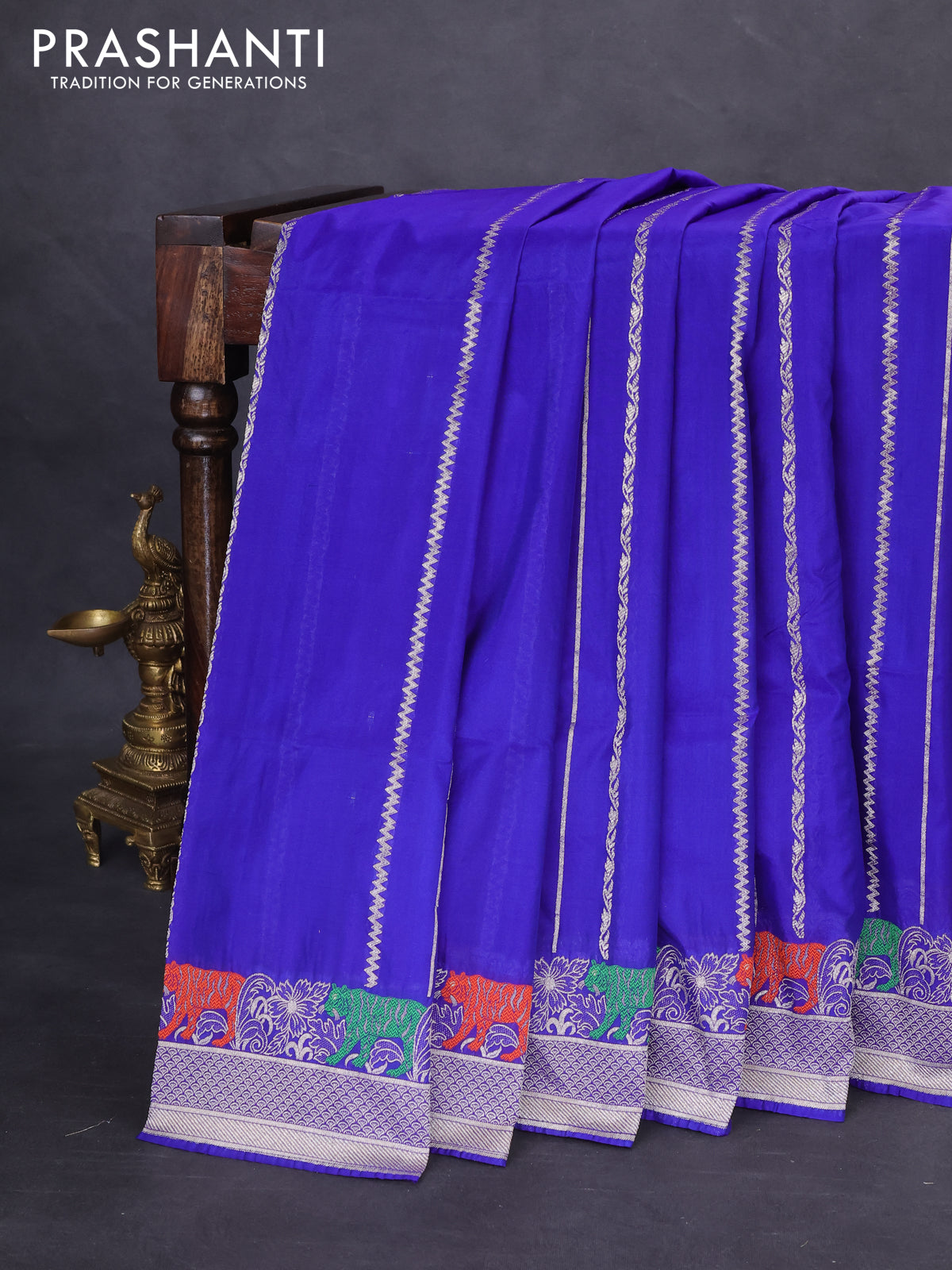 Banarasi semi katan silk saree blue with allover zari weaves and rich zari woven border