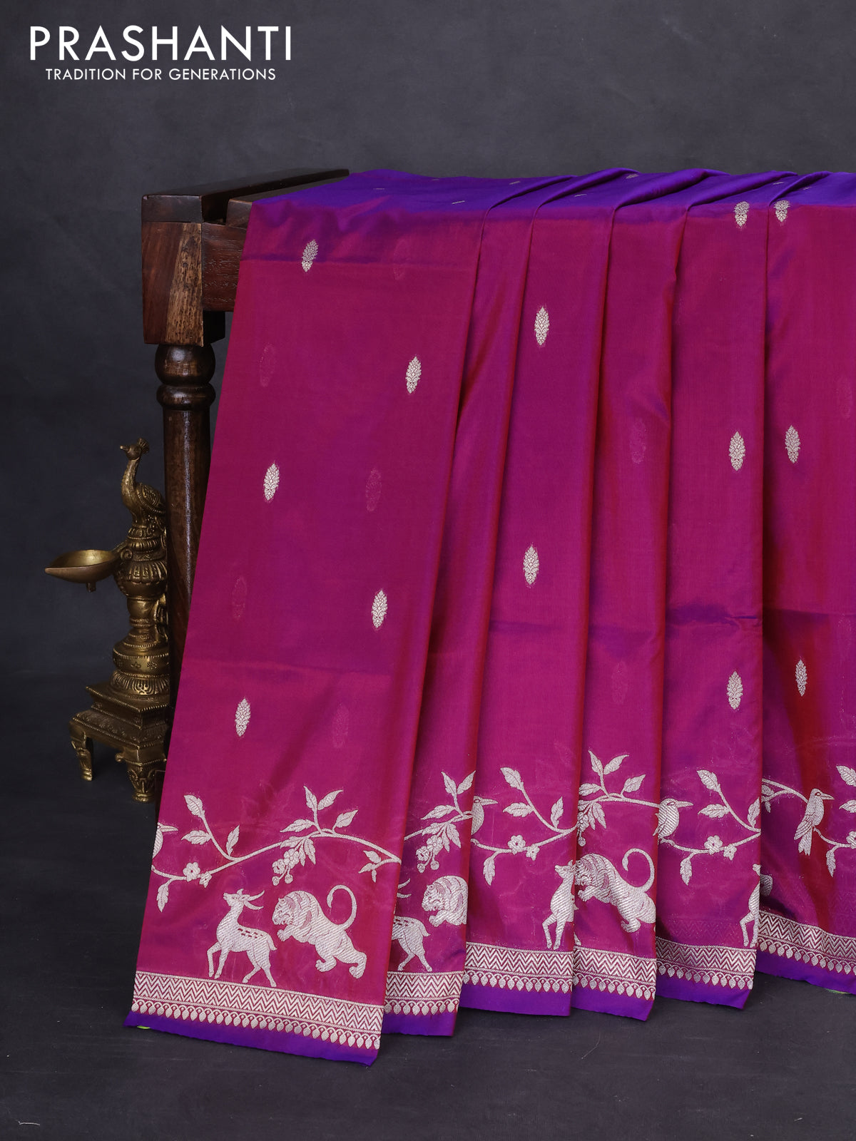 Banarasi semi katan silk saree purple with allover zari woven buttas and rich zari woven border