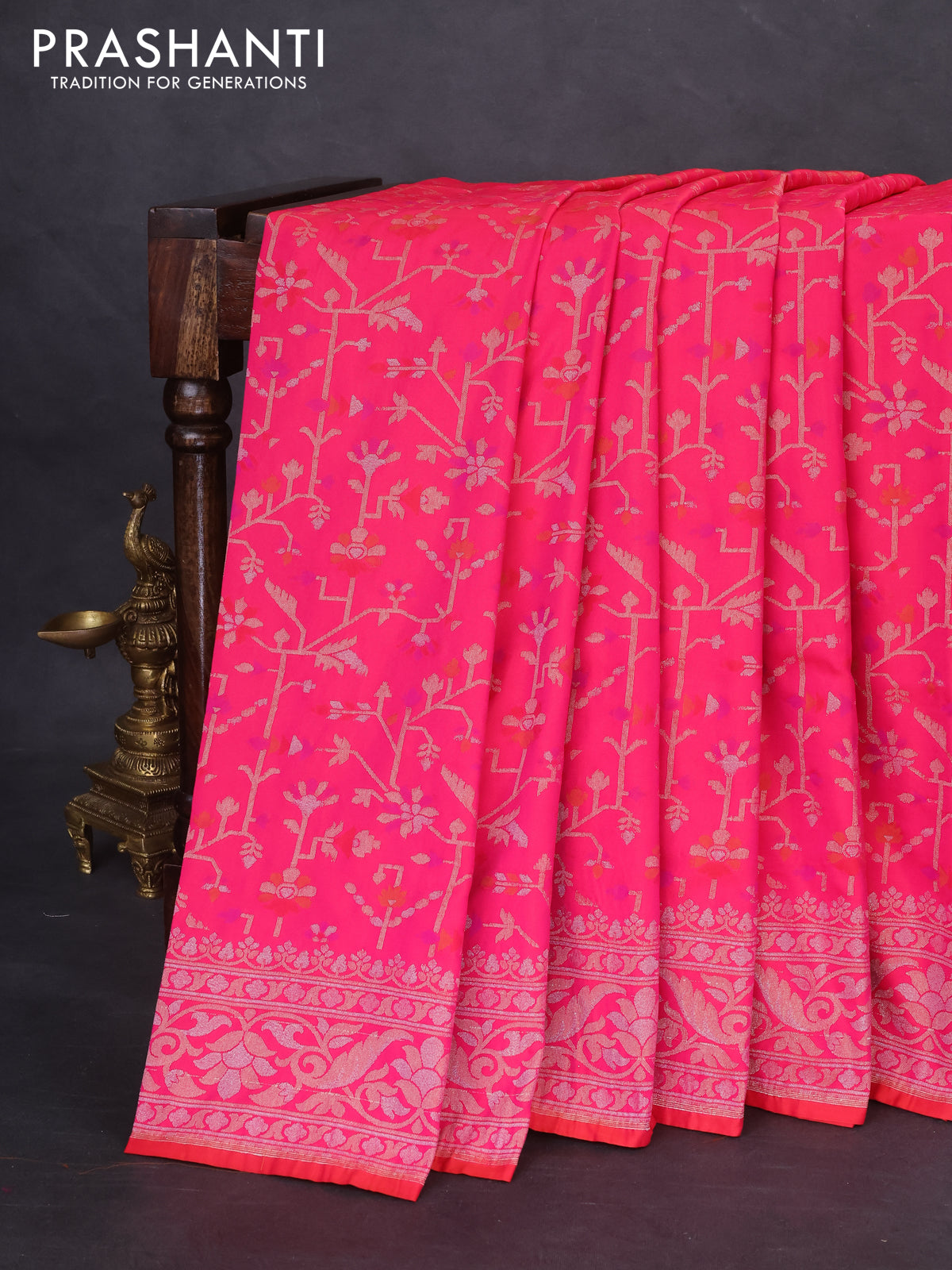 Banarasi semi katan silk saree pink with allover jamdhani weaves and rich zari woven border