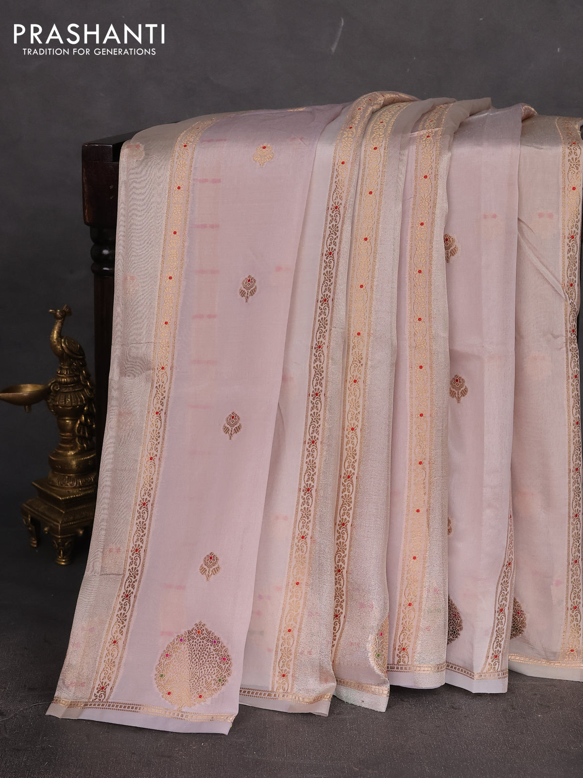 Banarasi tissue semi silk saree grey shade and pastel lavender with zari weaves & buttas and zari woven butta border