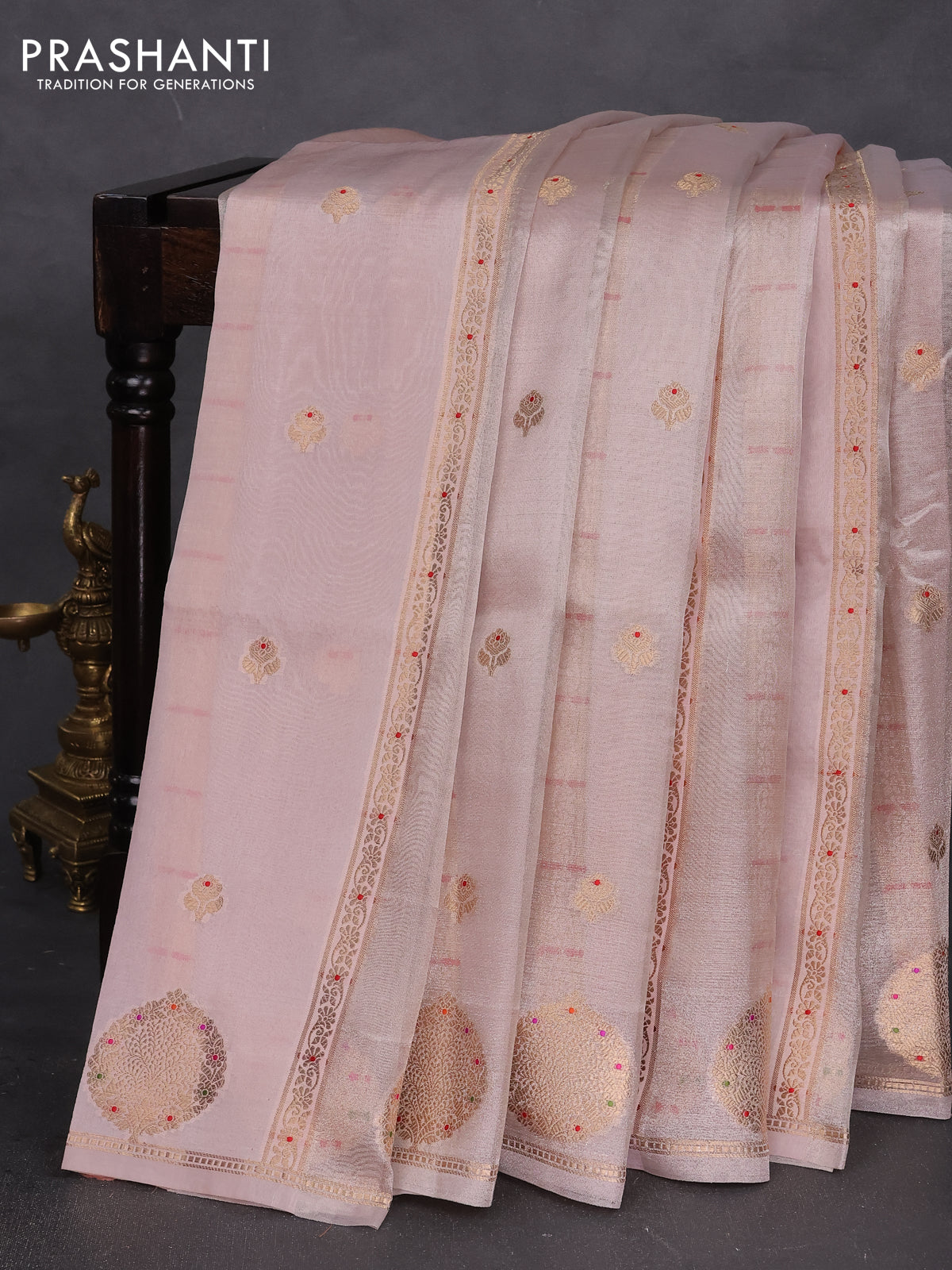 Banarasi tissue semi silk saree baby pink with zari weaves & buttas and zari woven butta border