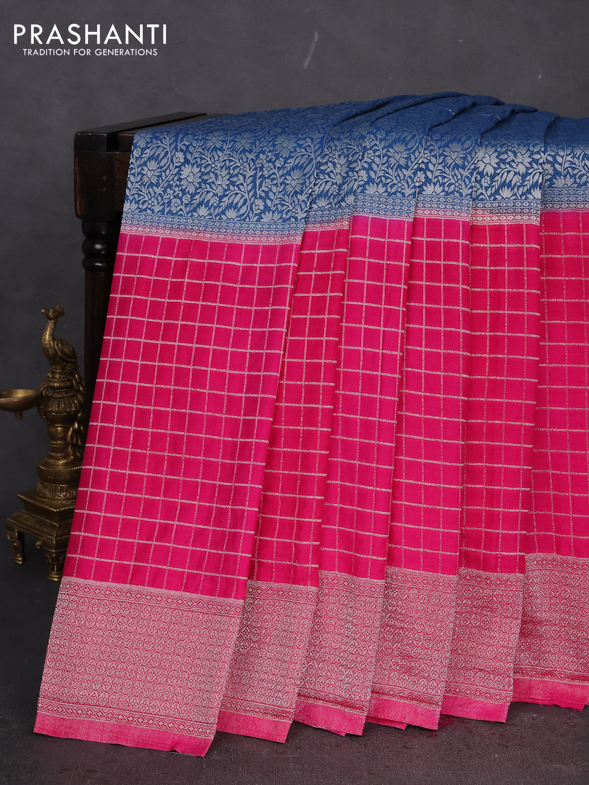 Banarasi semi crepe saree peacock blue and pink with zari woven brocade weaves and long zari woven checked kborder