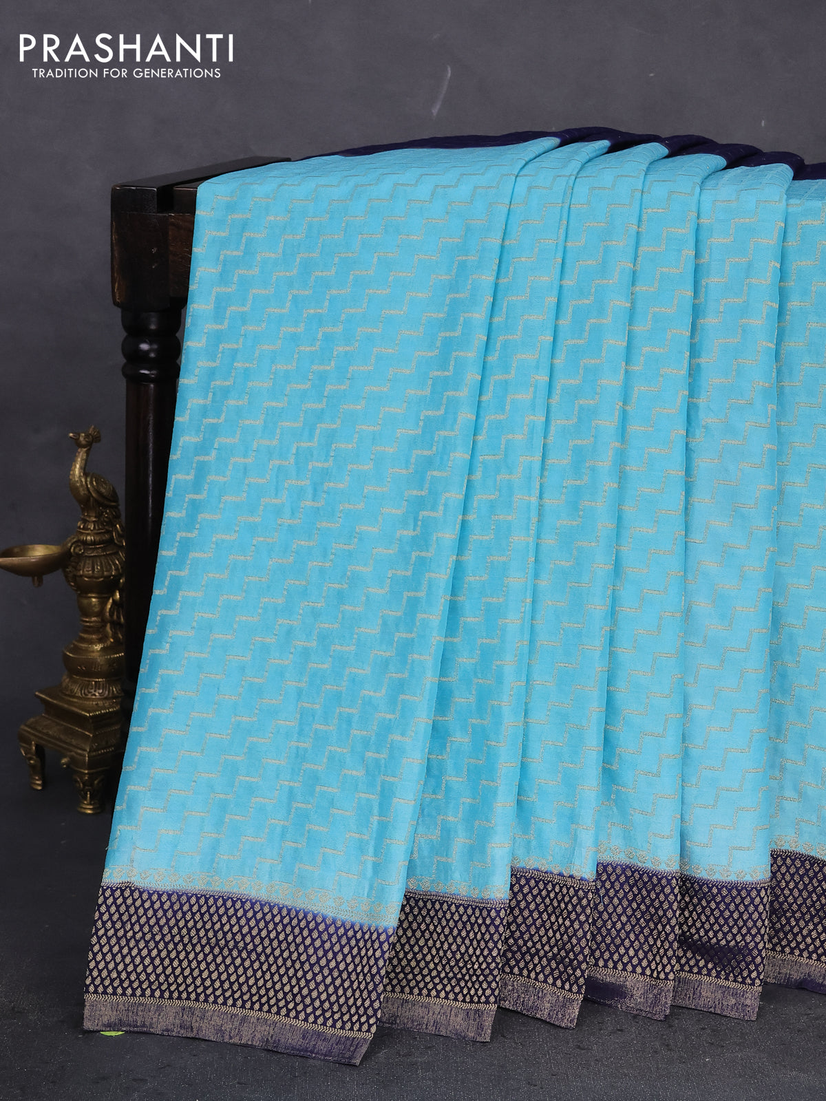 Banarasi semi crepe saree navy blue and light blue with half & half style and zari woven border