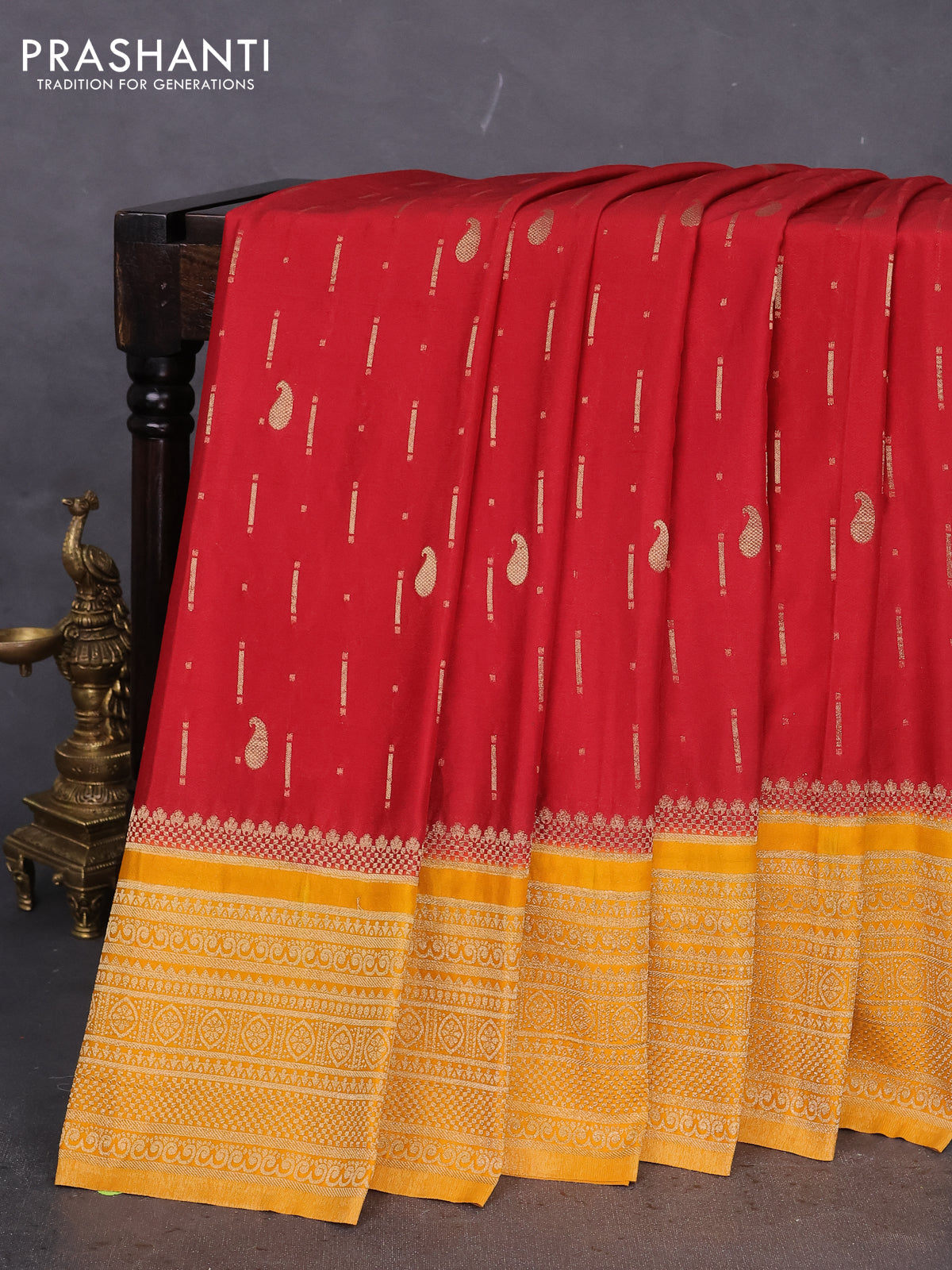 Banarasi semi crepe saree maroon and mango yellow with allover zari woven butta weaves and long zari woven border