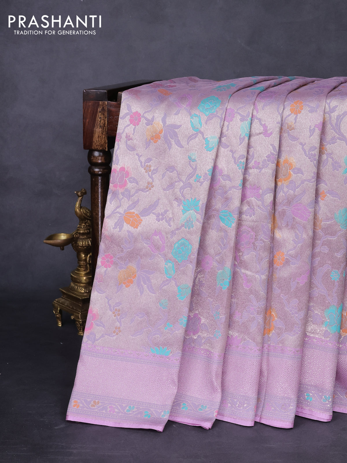 Banarasi tissue silk saree lavender with allover thread woven floral weaves and silver zari woven border