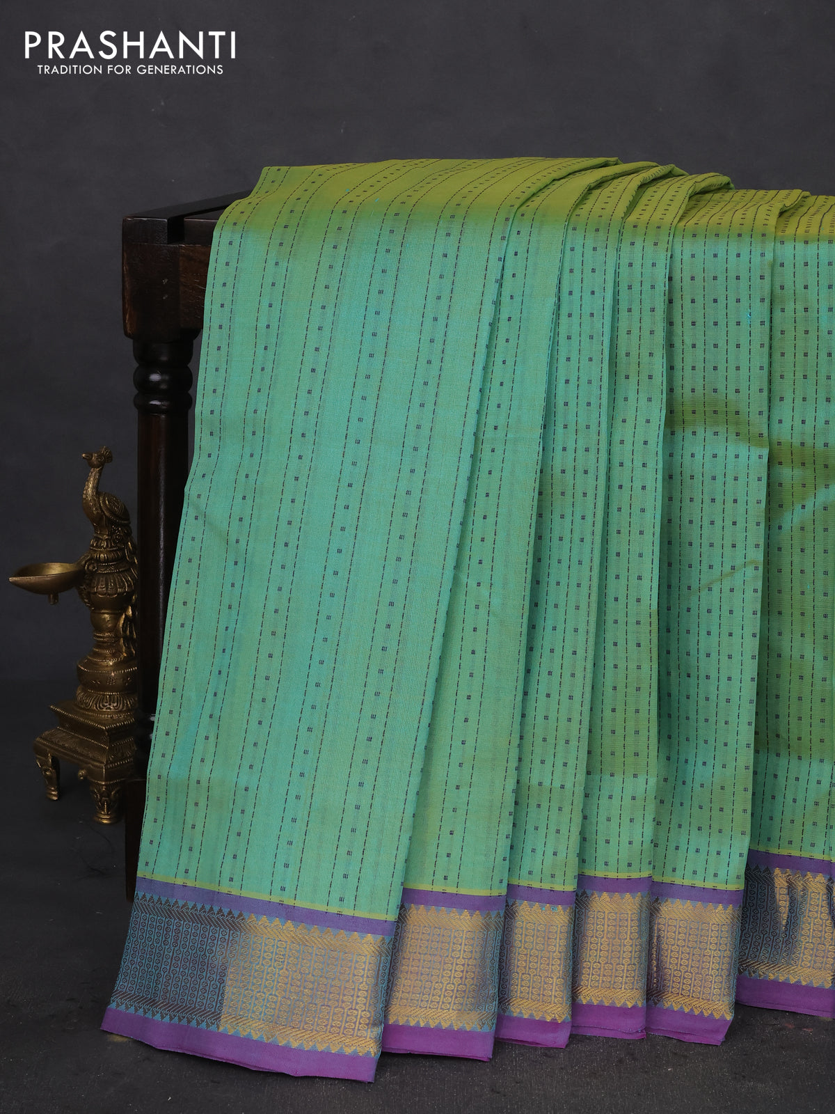 10 Yards silk cotton saree dual shade of teal green and purple with allover thread weaves and zari woven border