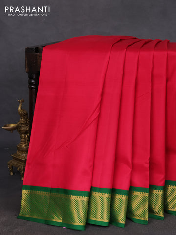 10 yards silk saree dark pink and green with plain body and zari woven korvai border