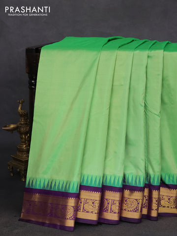 10 yards silk saree teal green and violet with plain body and temple design annam zari woven border