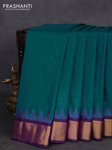 10 yards silk saree teal green and violet with plain body and temple design zari woven border