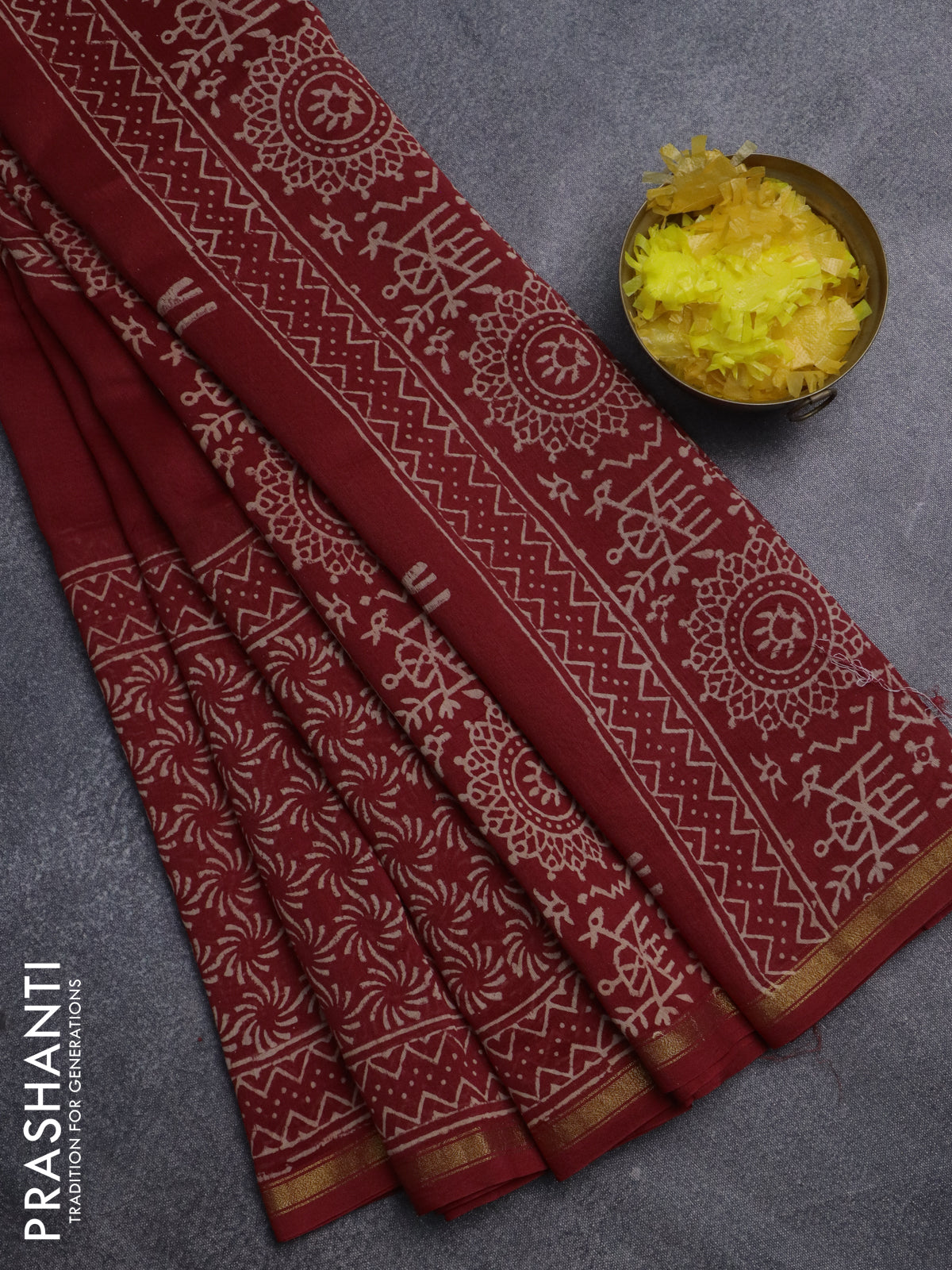 Chanderi bagru saree maroon with butta prints and small zari woven border