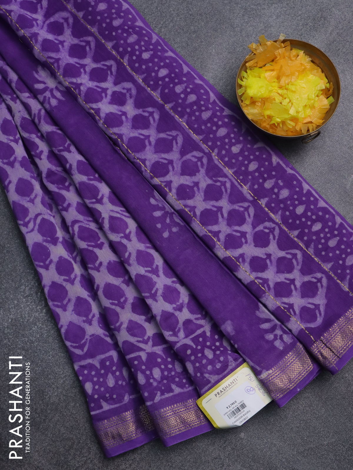 Chanderi bagru saree lavender with allover butta prints and mageshwari border