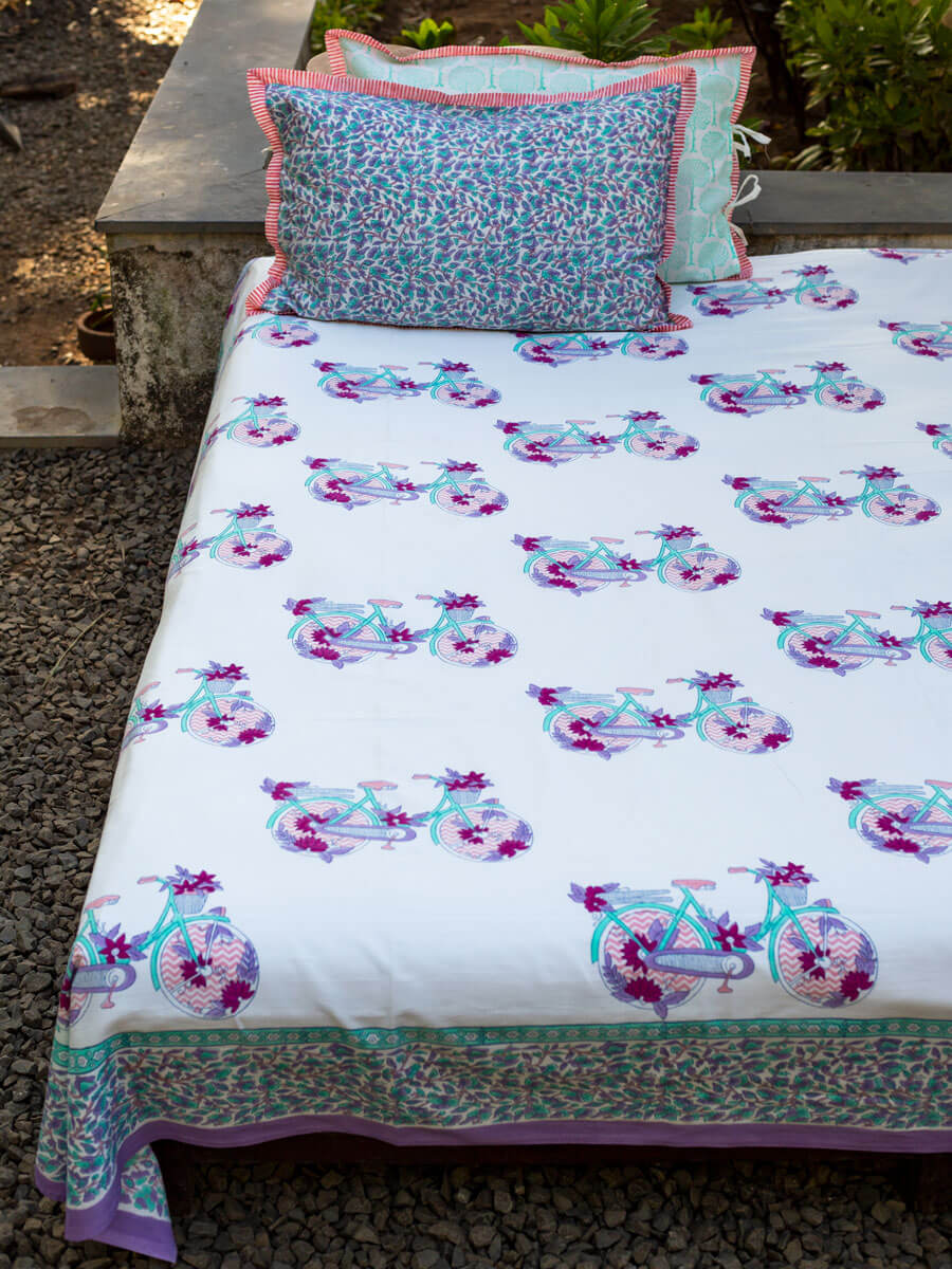 Floral Ride Block Printed Cotton Bedsheet