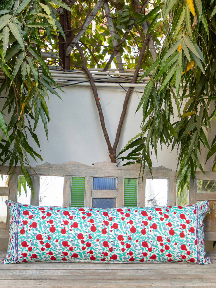 Fruits of Paradise Block Printed Cotton Cushion Cover - 16 X 48 Inch