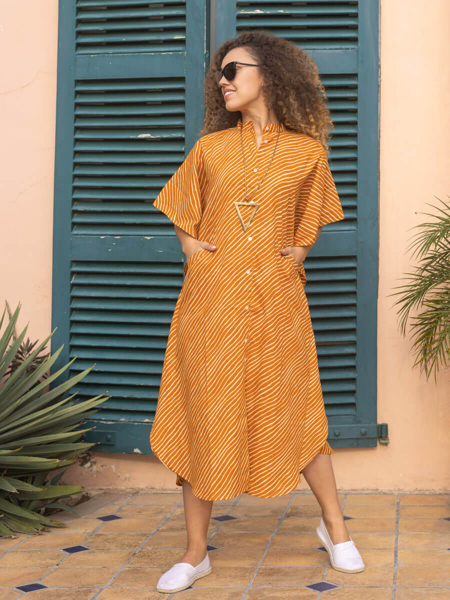 Sunset and Wine Cotton Kaftan Shirt Dress