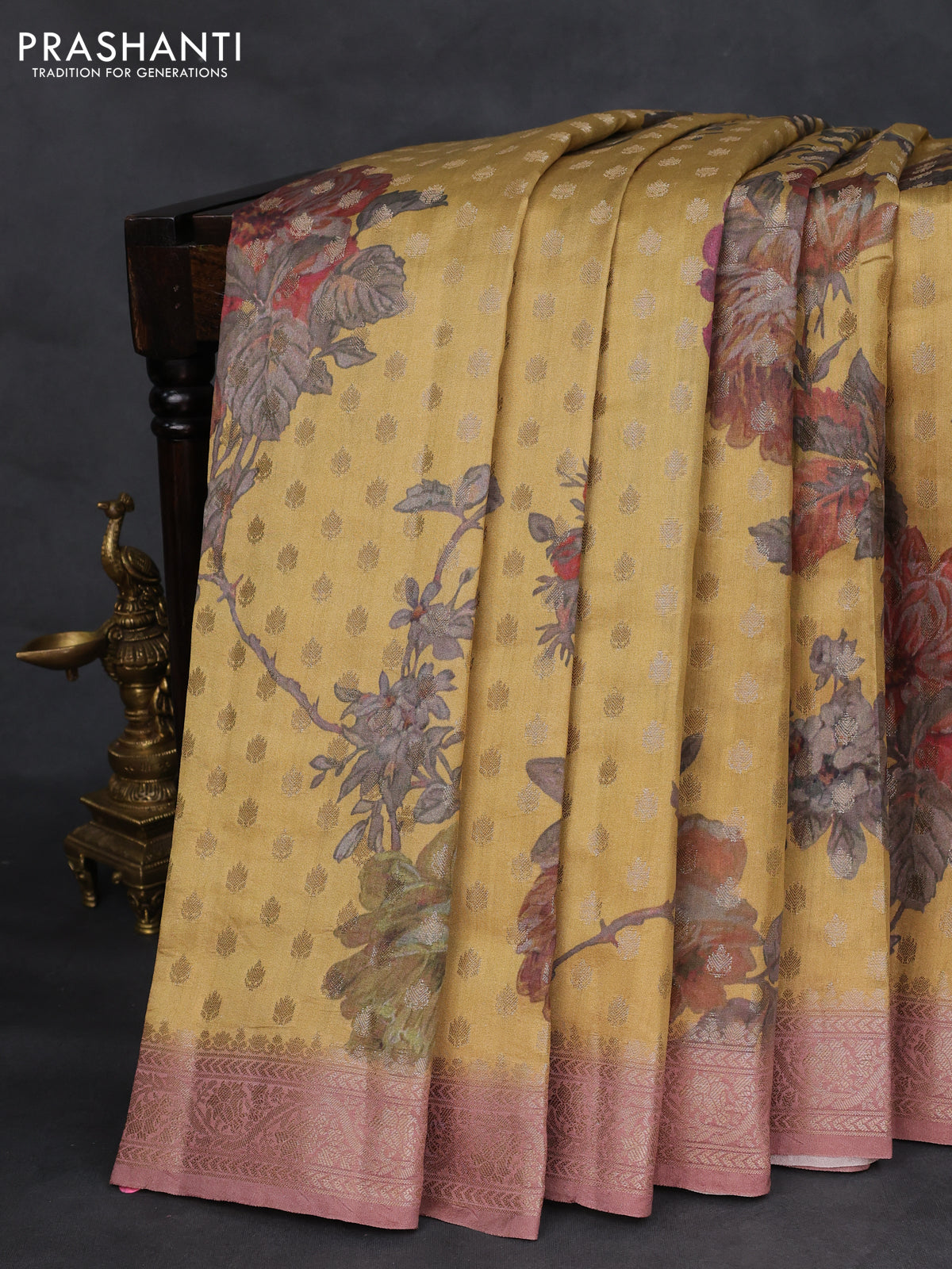 Chiniya silk saree mustard yellow with zari woven buttas & digital prints and zari woven border