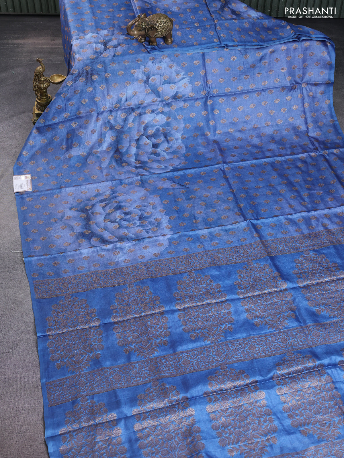 Banarasi tussar silk saree blue with woven buttas & floral digital prints and piping border