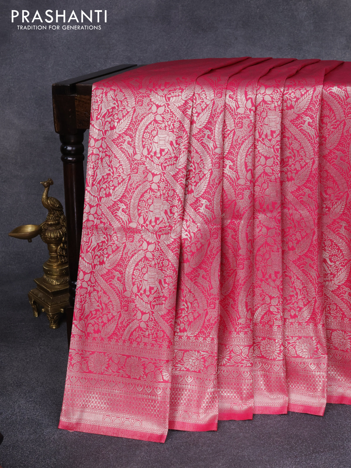 Banarasi silk saree pink with allover silver zari woven brocade weaves and silver zari woven border