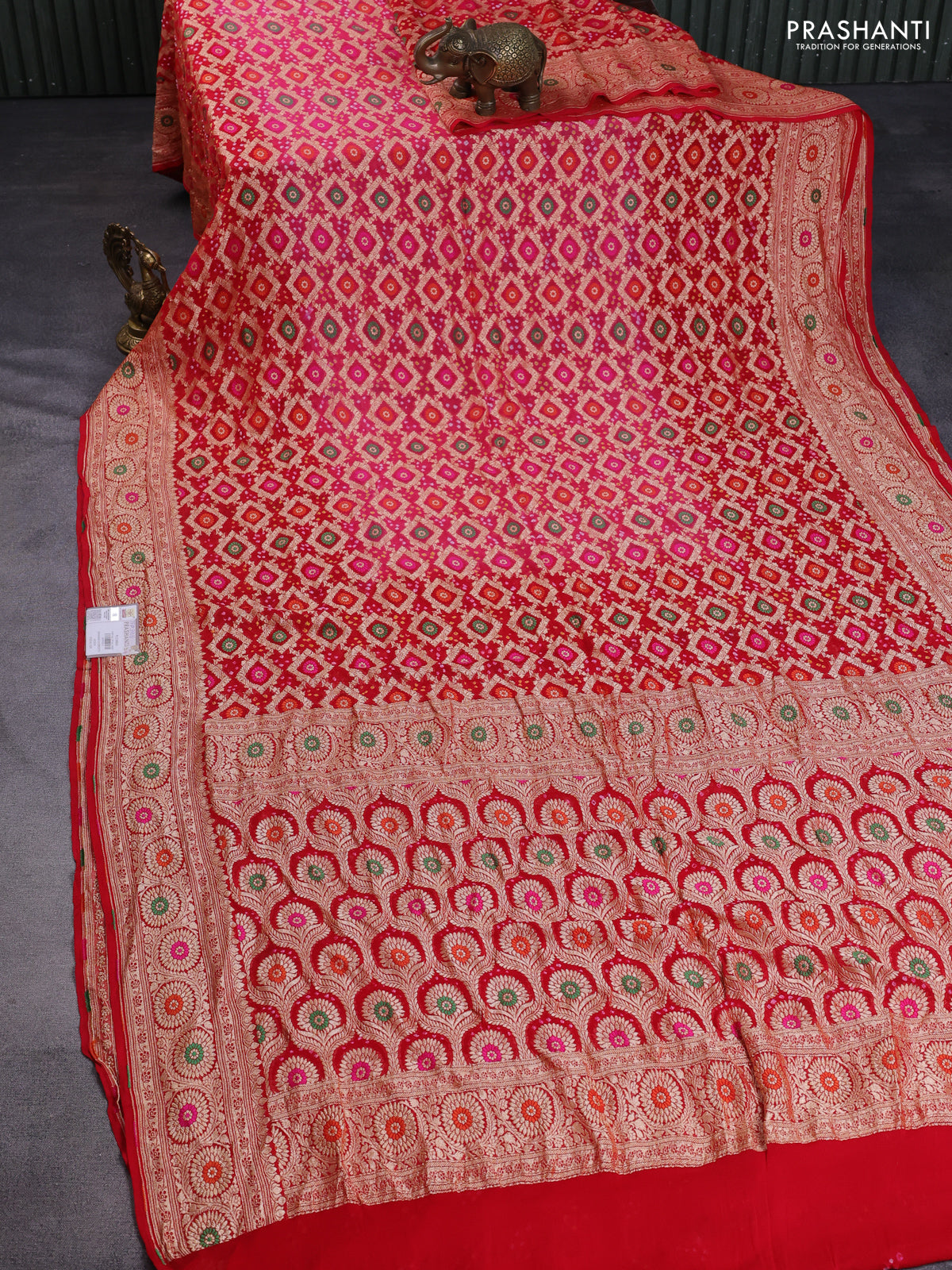 Banarasi georgette saree red with bandhani prints & mina weaves and woven border
