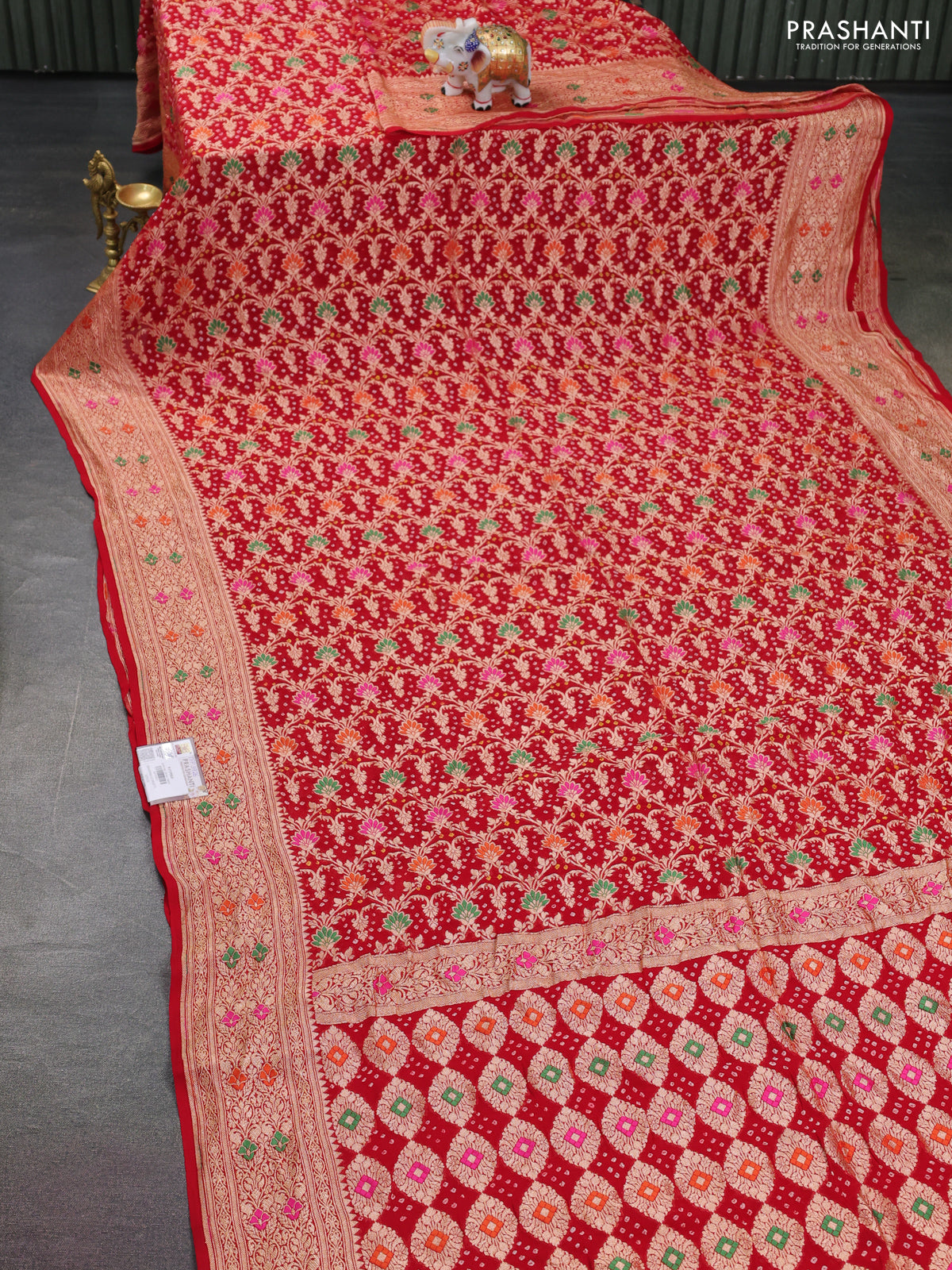 Banarasi georgette saree red with bandhani prints & mina weaves and woven border