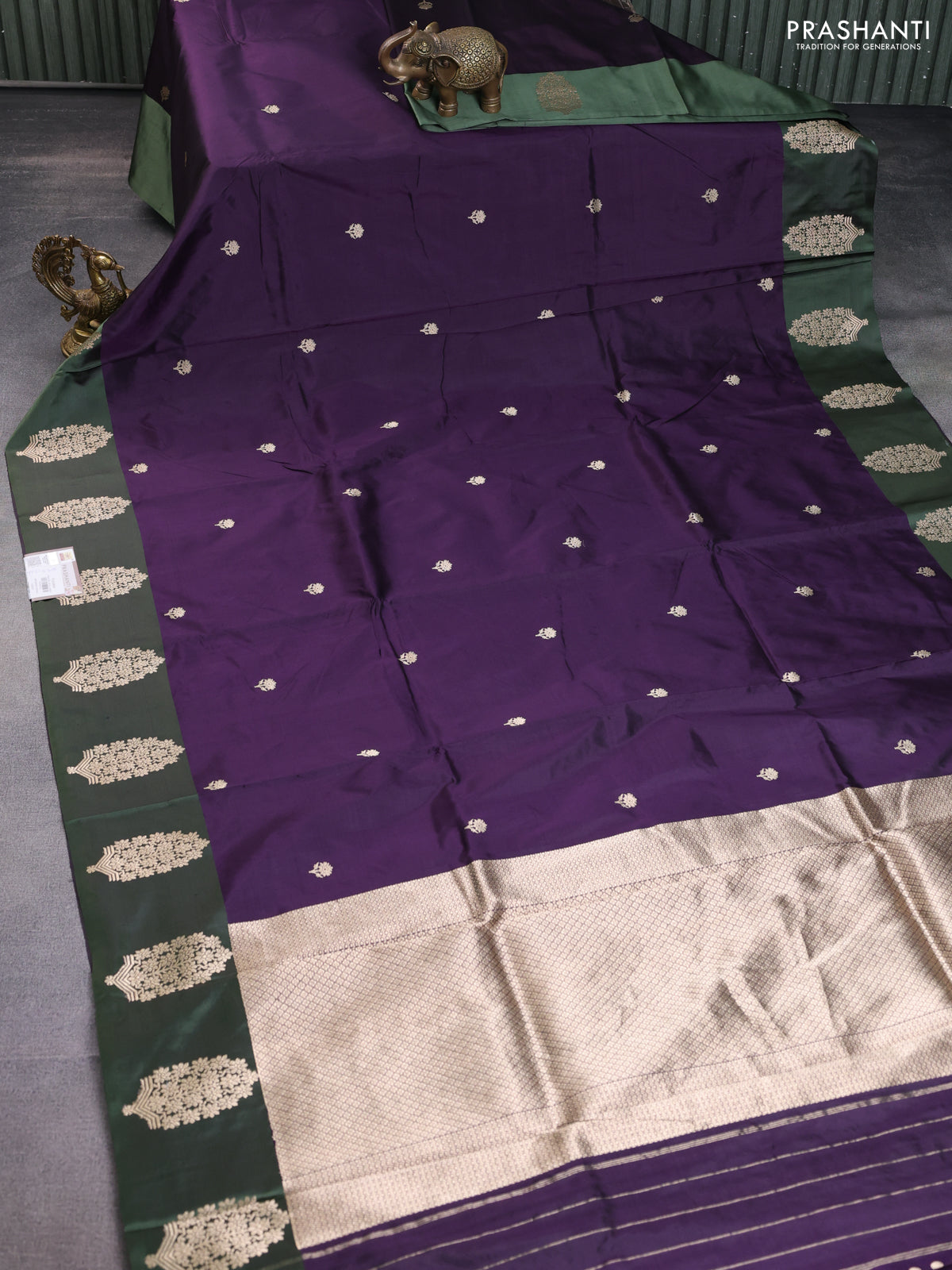 Banarasi katan silk saree deep jamun and green shade with zari woven floral buttas and zari woven butta border
