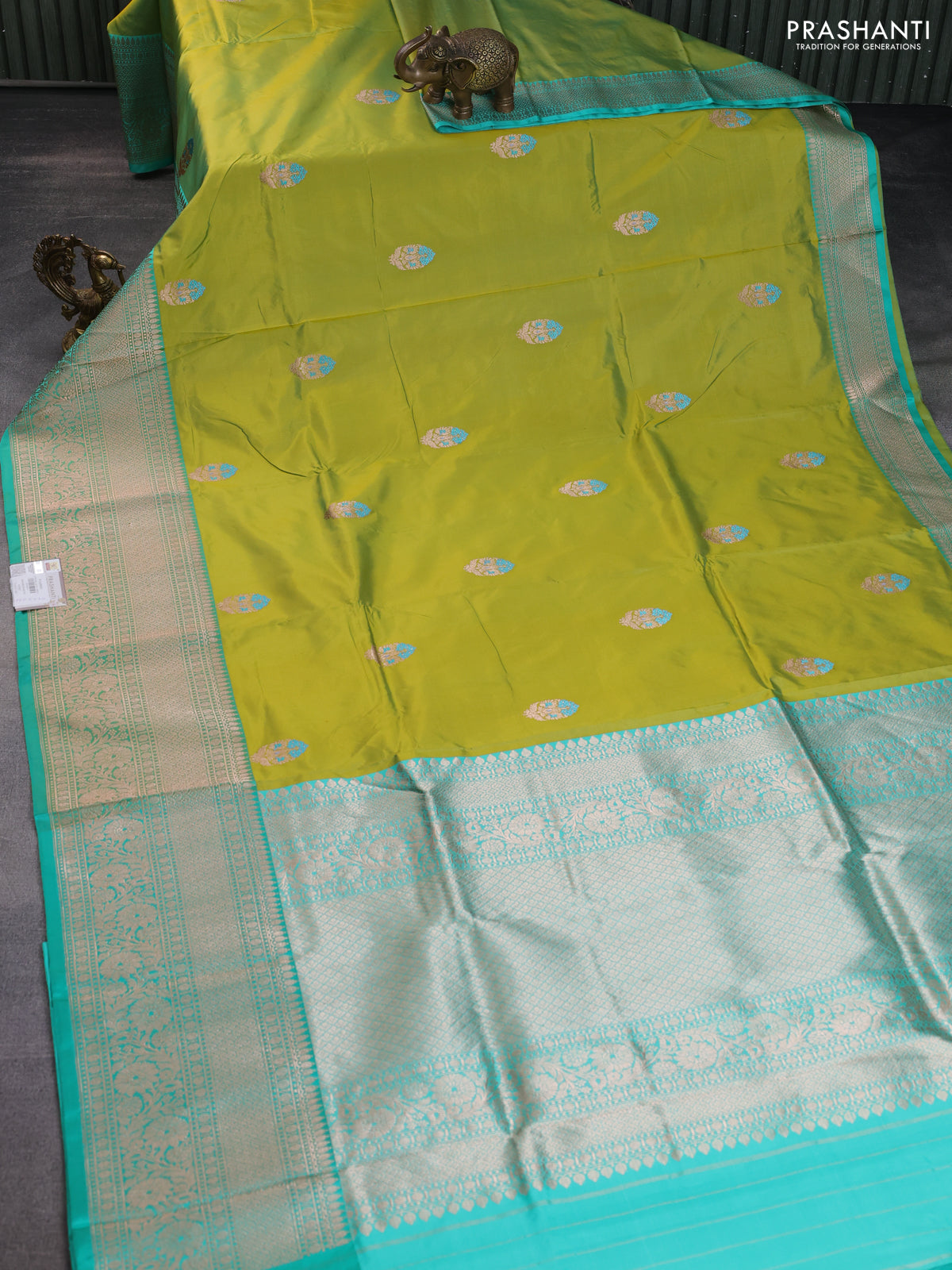Banarasi katan silk saree light green and teal green with zari woven floral buttas and zari woven border
