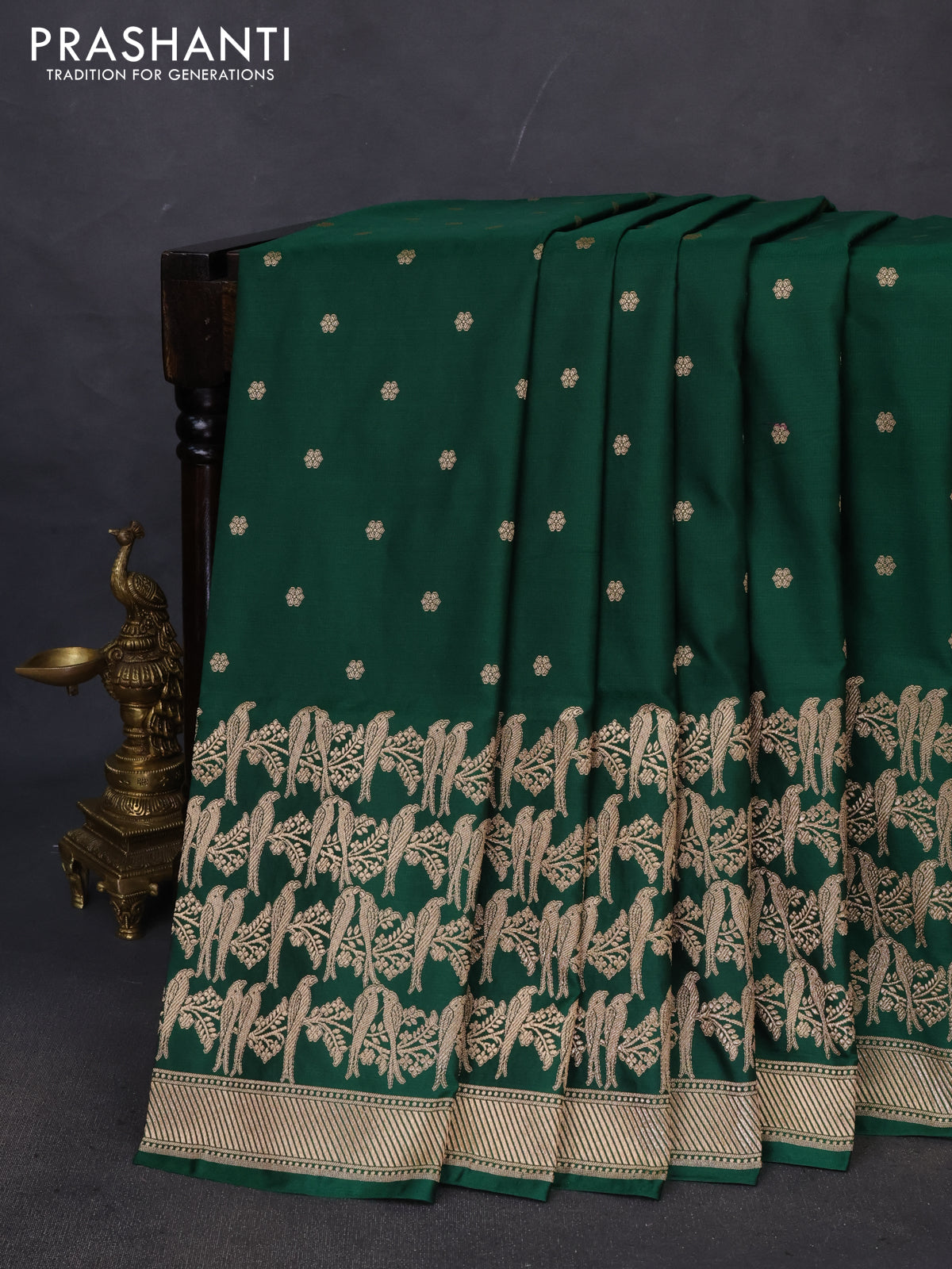 Banarasi semi katan saree green with zari woven buttas and zari woven border