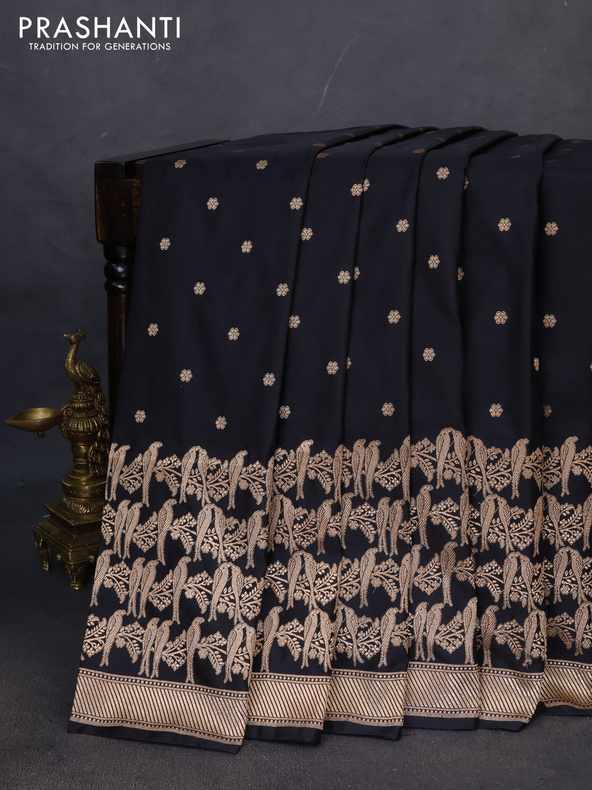 Banarasi semi katan saree black with zari woven buttas and zari woven border