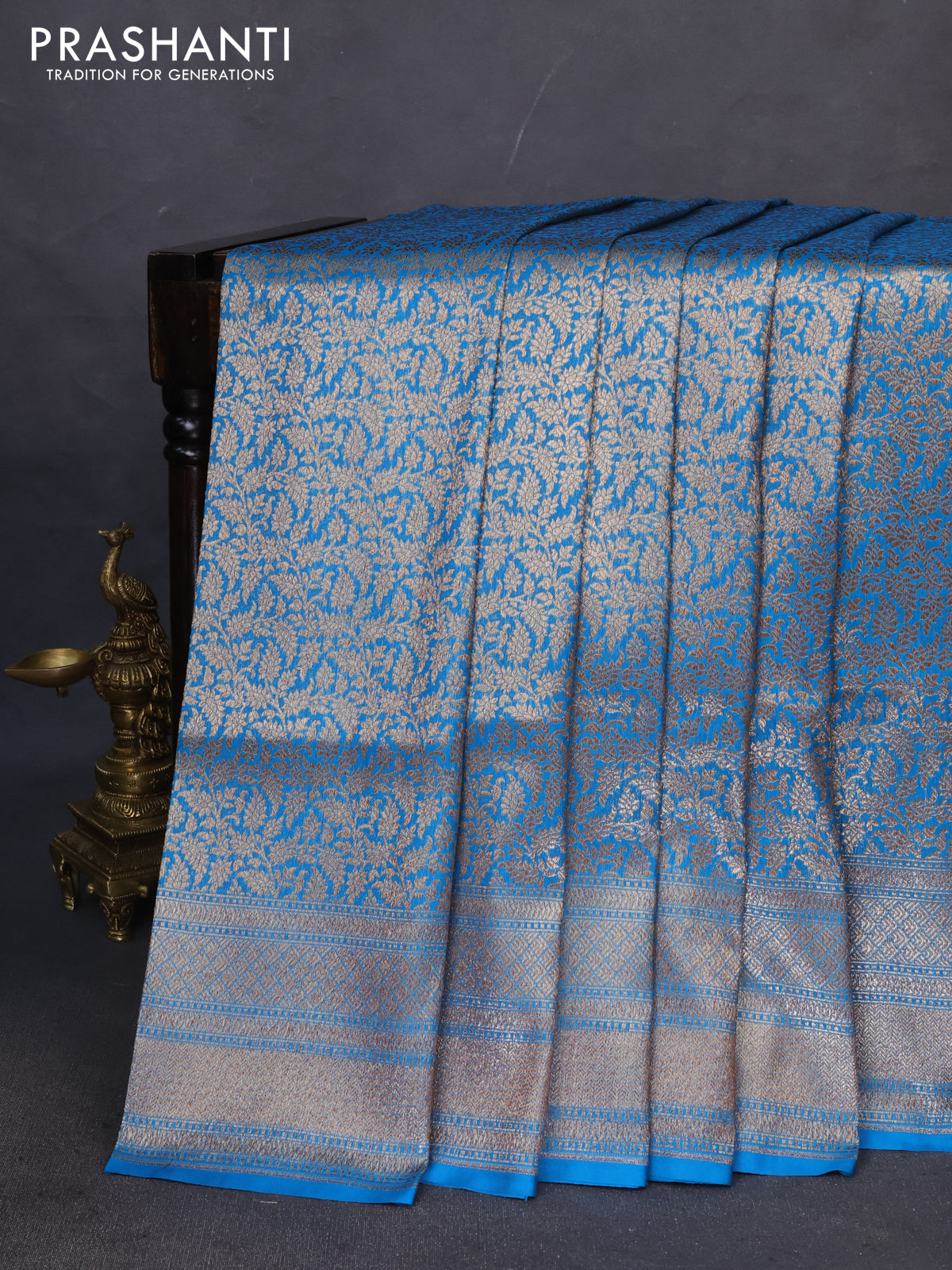 Banarasi semi katan saree cs blue with allover thread & zari brocade weaves and woven border