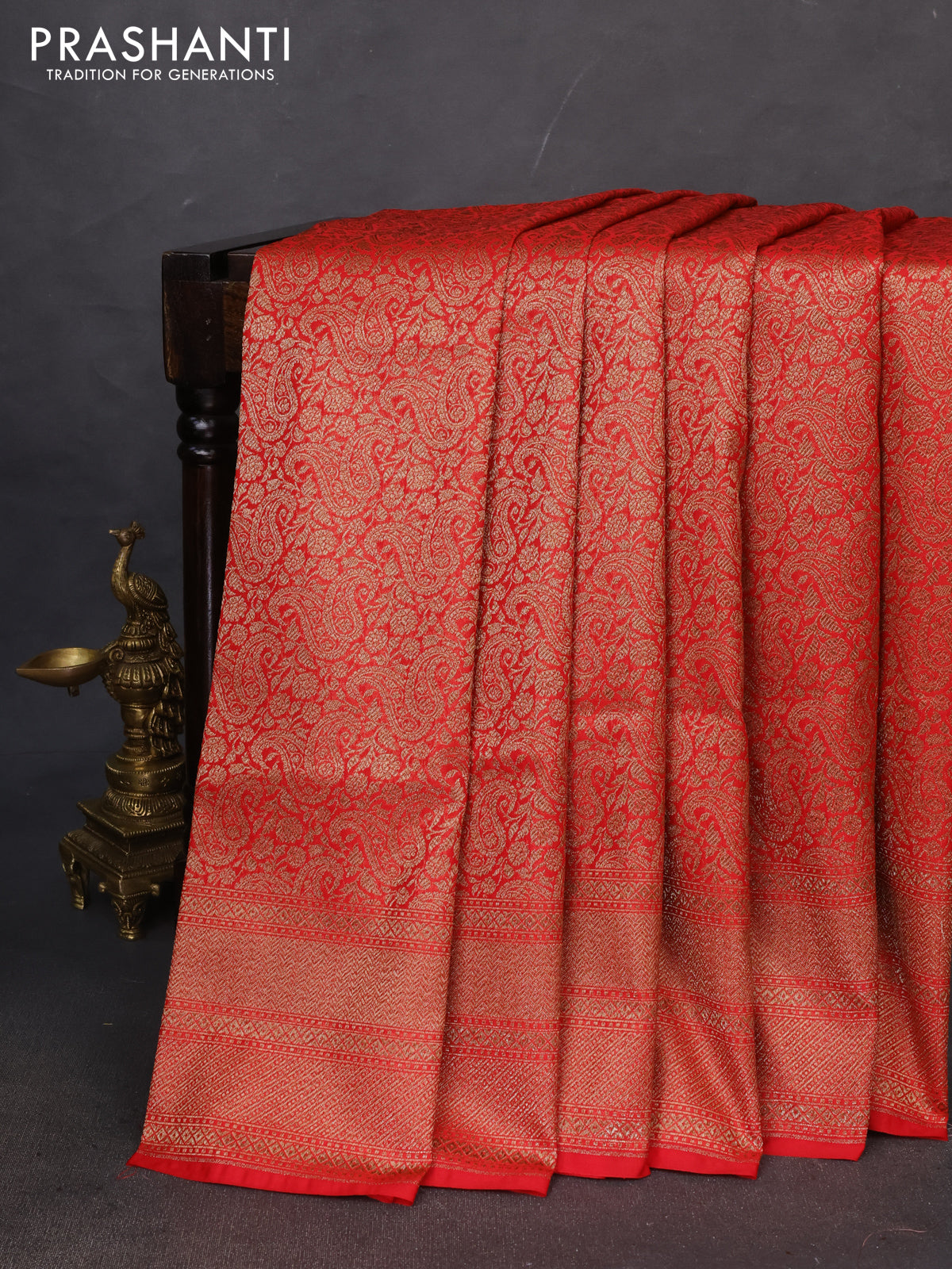 Banarasi semi katan saree red with allover thread & zari brocade weaves and woven border